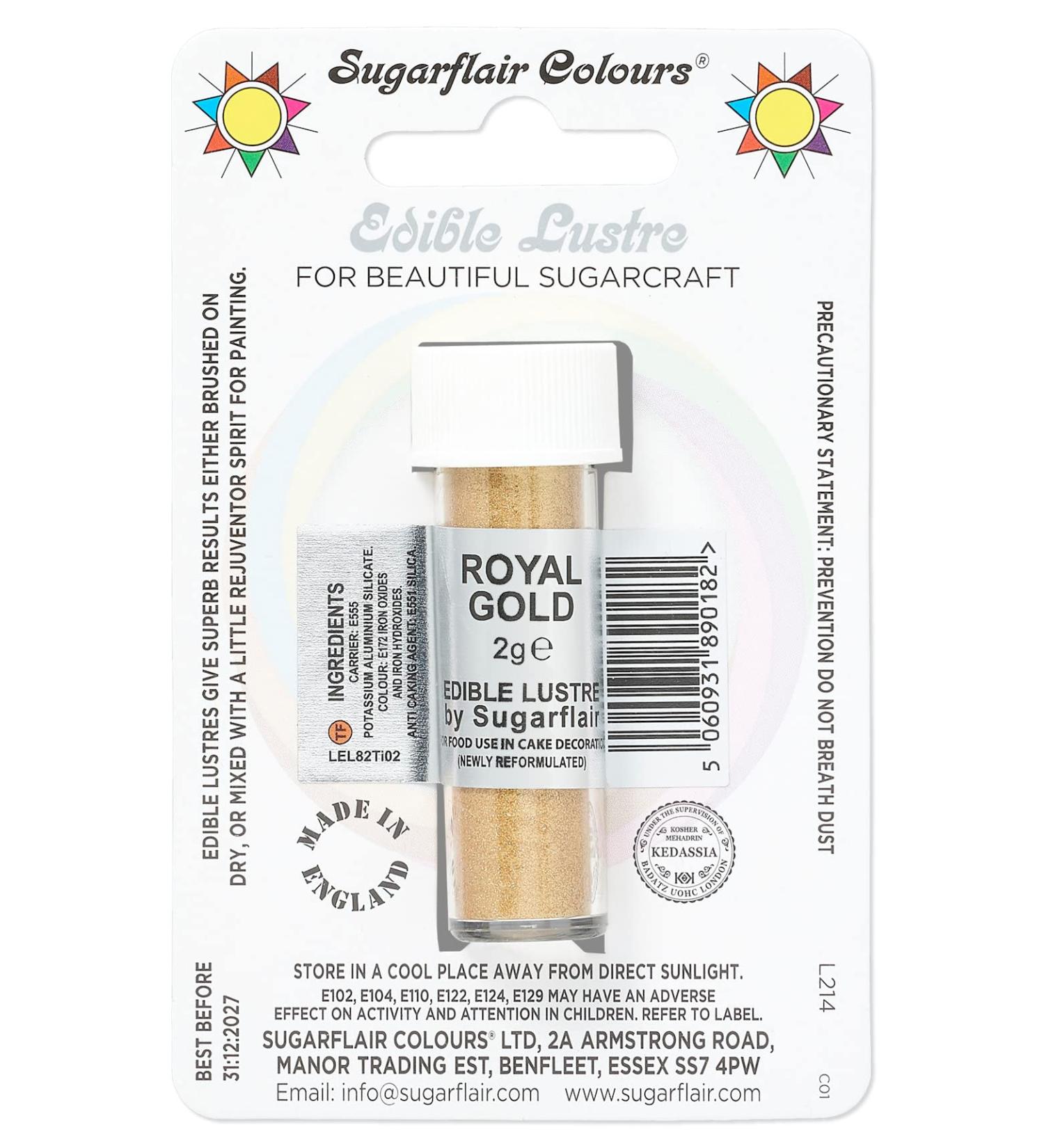 Sugarflair Royal Gold Edible Lustre Dust (E171 Free) Add a Lustrous Shine to Cakes or Decorations. Brush On or Add Rejuvenator to Create Eye-Catching Edible Paint- 2g