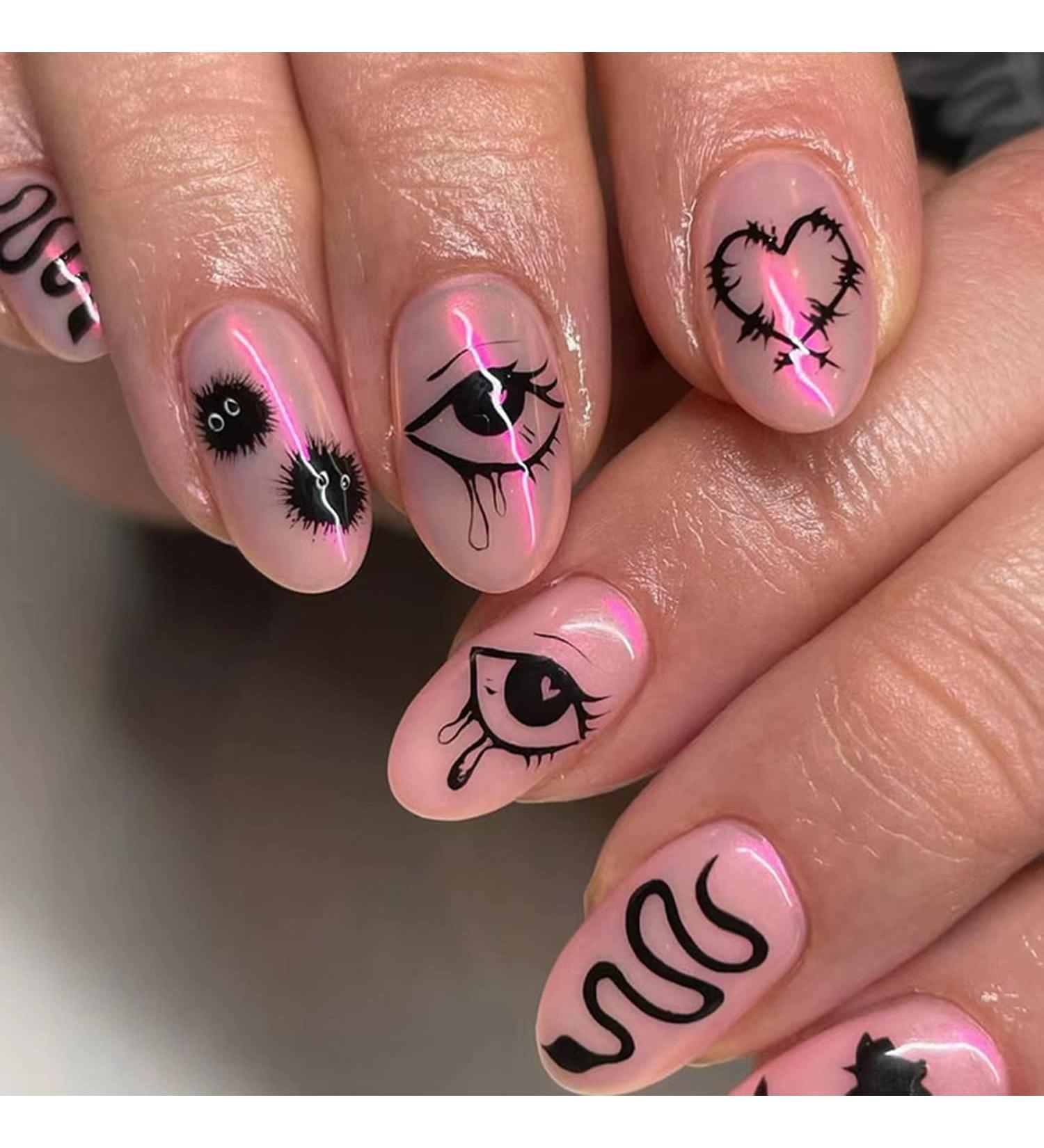 Heart Press on Nails - Medium Oval Aurora Fake Nails with Eye Rose Snake Design | Full Cover Glue-On Acrylic Nails for Women & Girls | 24 Pcs Manicure Supplies - Buy Online on GoSupps.com