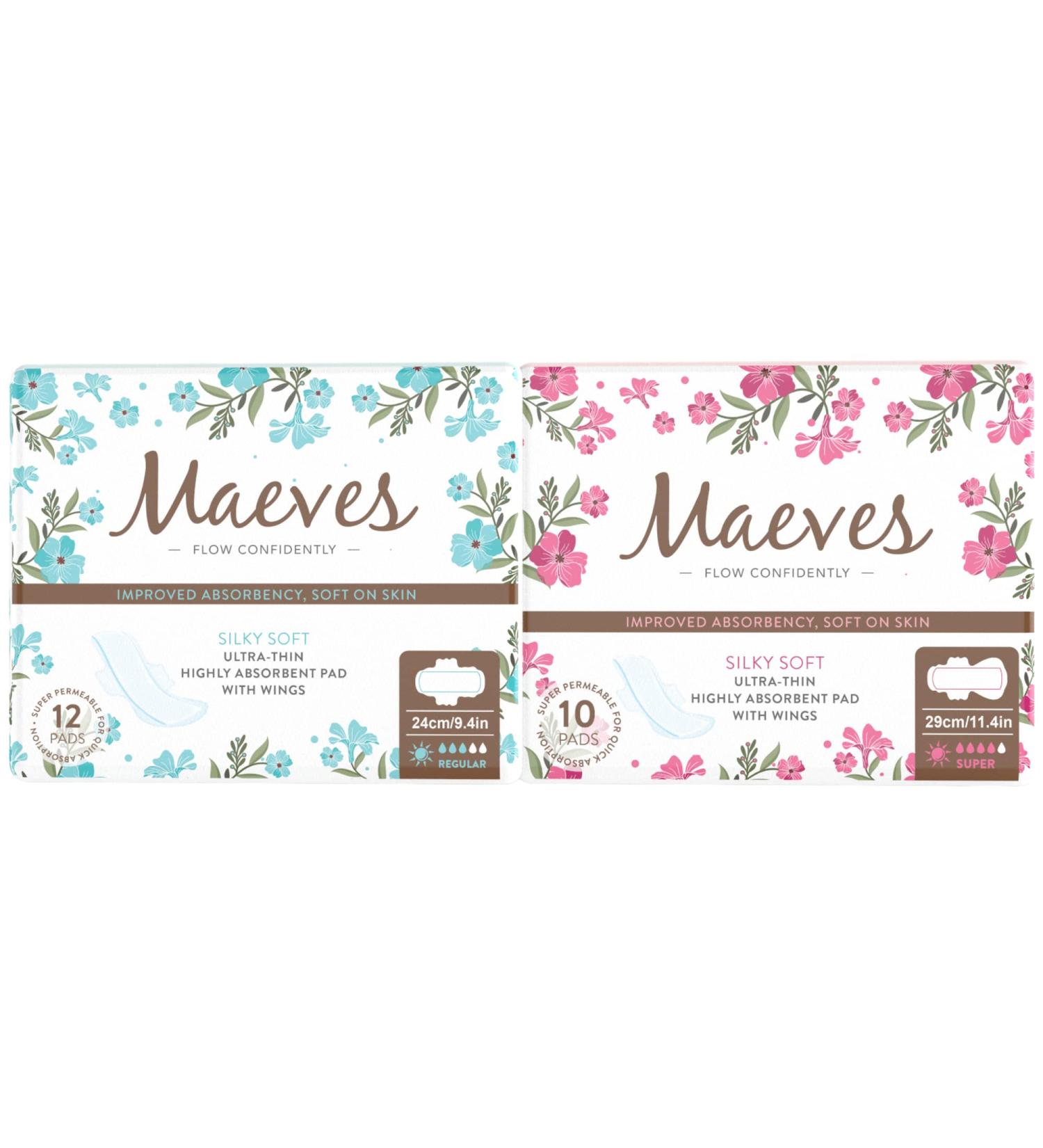Maeves Ultra Thin Sanitary Pads for Women - Silky Soft & Highly Absorbent with Wings - 22 Count (Regular + Super), 2 Absorption Levels - Ideal for Moderate to Heavy Flows - Buy Online on GoSupps.com