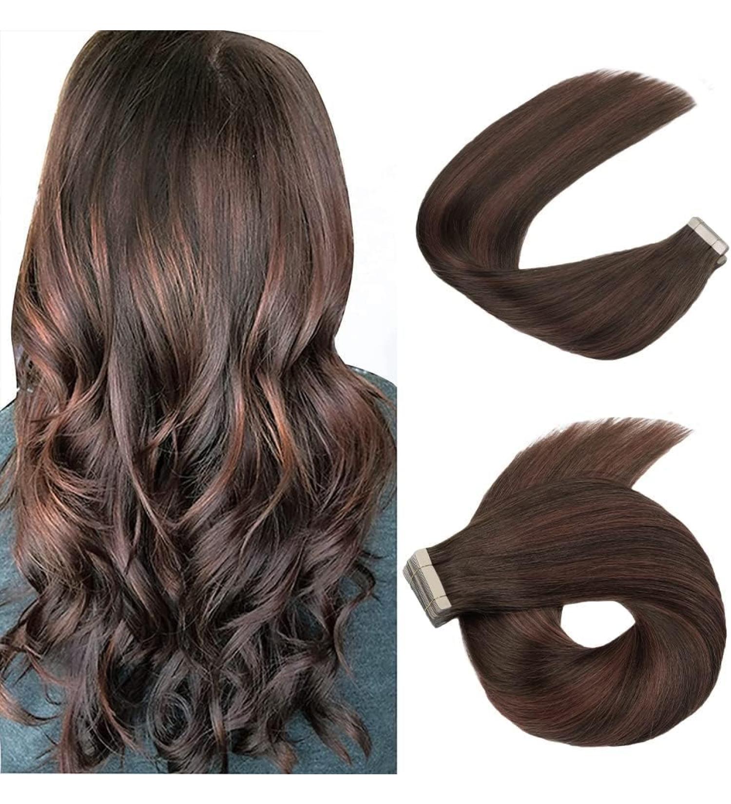 Hotlulana 14'' Tape Extensions - Real Hair Balayage Chocolate Brown & Dark Red Brown (#4/4/33) - 40pcs 80g Invisible Skin Weft - Buy Online on GoSupps.com