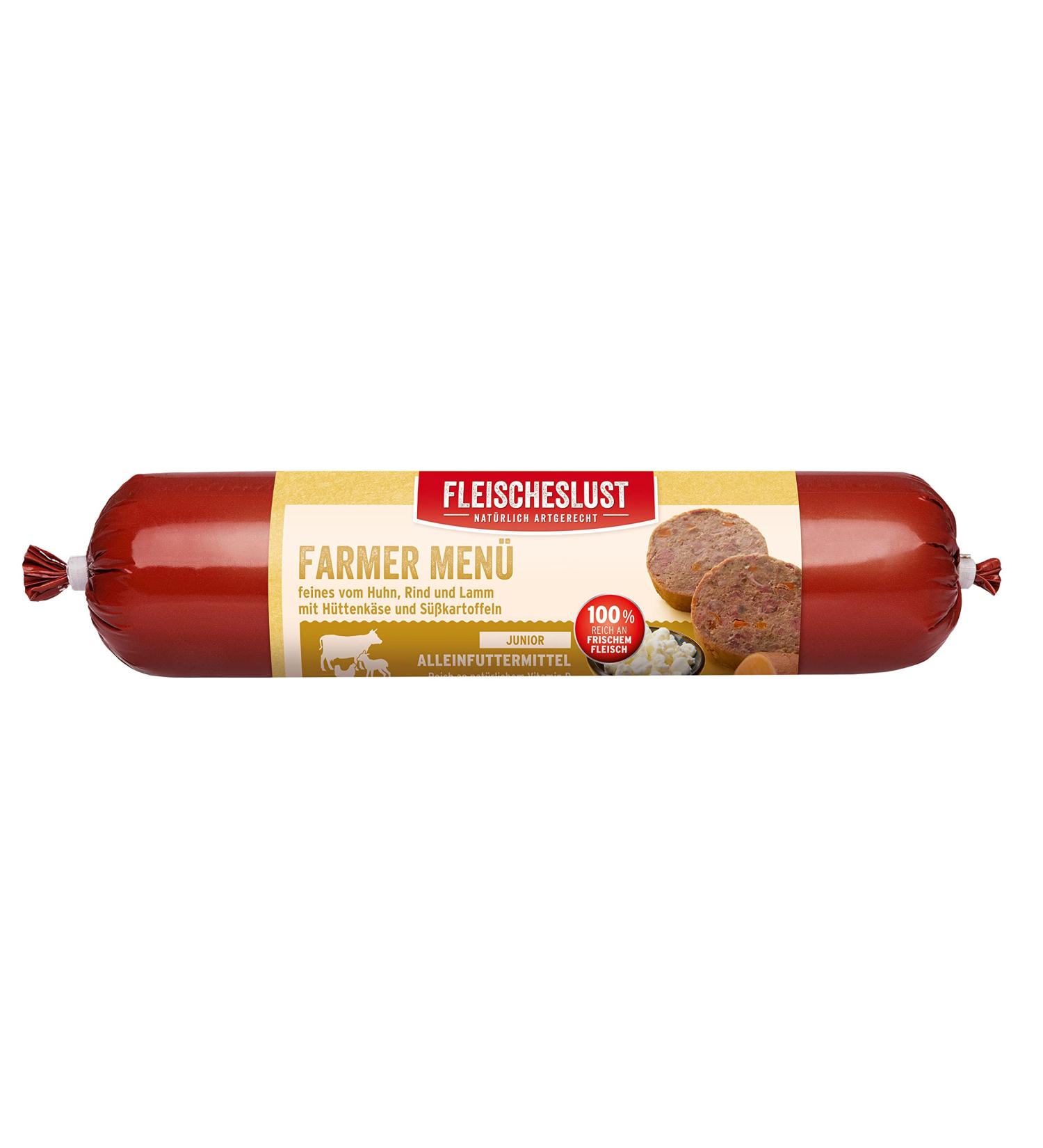 Fleischeslust Farmer Junior Menu with Chicken Beef Lamb with Sweet Potato and Cottage Cheese Sausage (1 x 400 g) - Buy Online on GoSupps.com