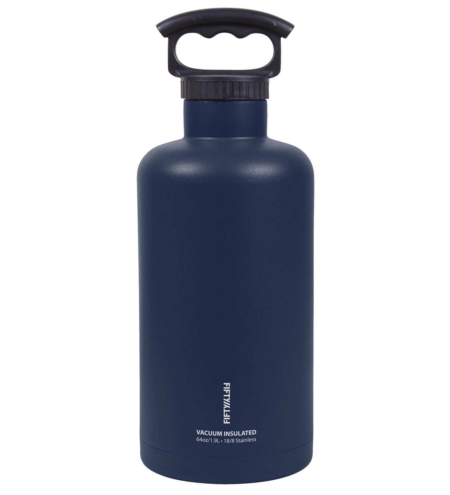 FIFTY-FIFTY 64oz Stainless Steel Growler Water Bottle, Navy - Double Wall Vacuum Insulated with 3 Finger Cap - Buy Online on GoSupps.com