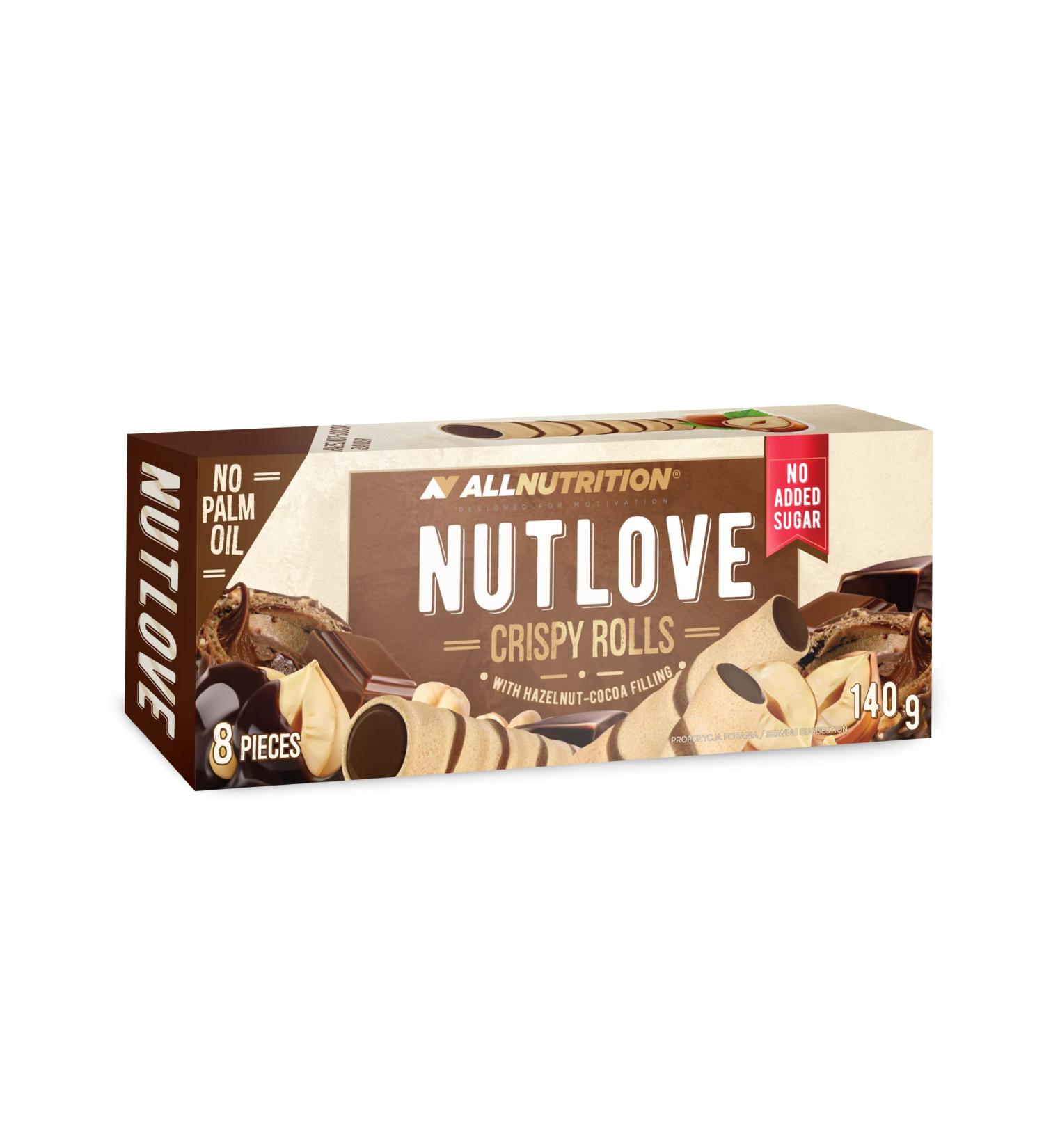 ALLNUTRITION Nutlove Crispy Rolls Hazelnut Cocoa - Rolled Wafers with Hazelnut and Cocoa Cream - Cream Rolls - 8 x Sugar Free Wafer Rolls - 140g
