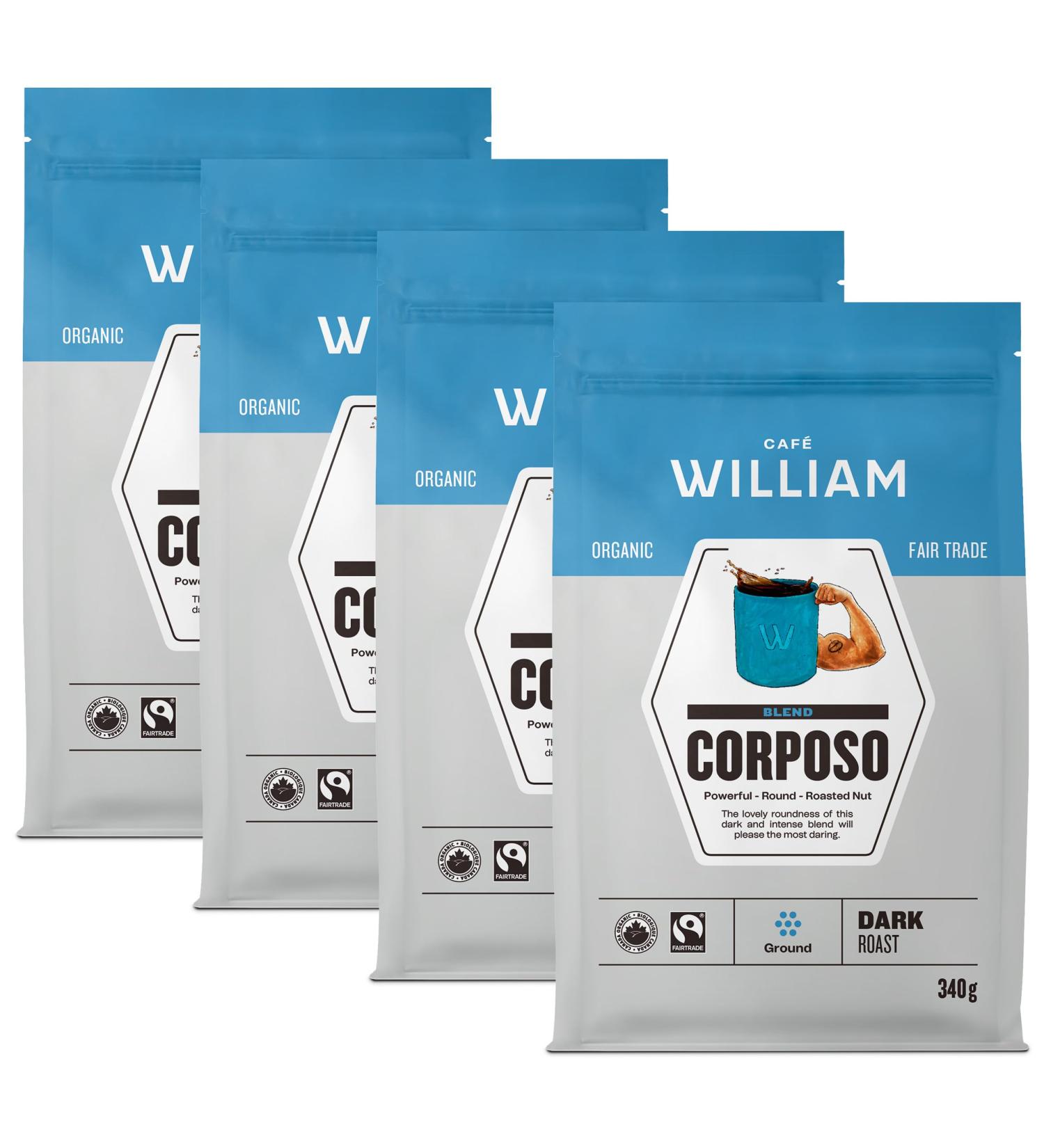 CORPOSO Organic Ground Coffee | Very Dark Roast | Specialty Grade Certified Fairtrade Drip V60 Pour Over | Caf William Sustainable Canadian Coffee Roaster | Caf Cors Biologique Moulu 340 g resealable bag (pack of 4) CORPOSO 340 g (Pack of 4) - Buy Online on GoSupps.com