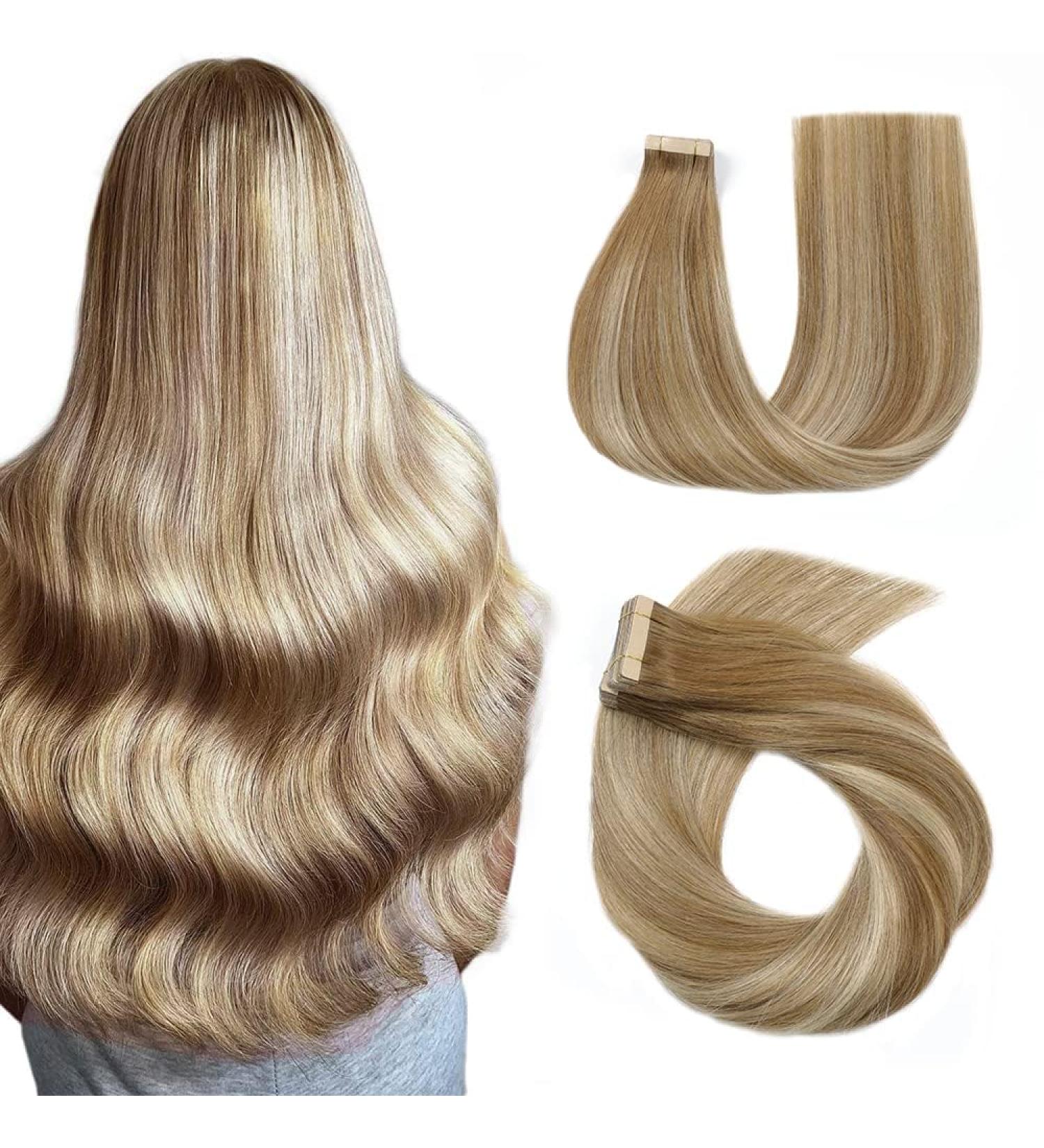 Hotlulana 16 Tape In Extensions - Real Hair Balayage Light Brown & Gold Blonde (#10/10/22) - 100% Natural Skin Weft - 40g - Buy Online on GoSupps.com
