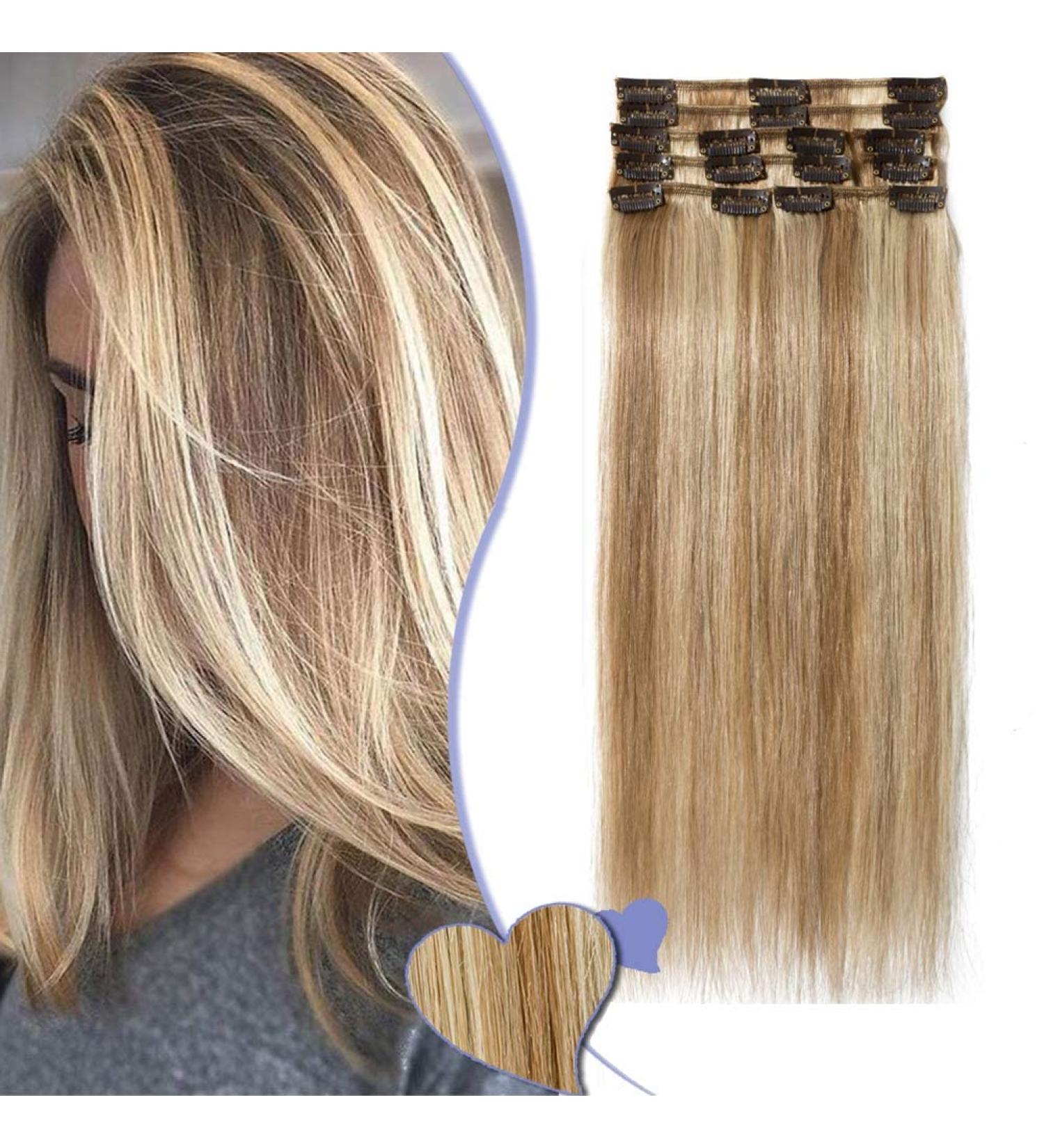 Elailite Clip-in Extensions | Real Human Hair 8 PCs 18 Clips 25cm 50g #12/613 Golden Brown & Bleached Blonde - Buy Online on GoSupps.com