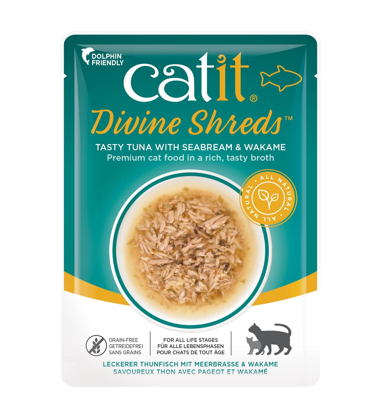 Catit Divine Shreds Wet Cat Food Toppers Tuna with Seabream & Wakame 75 g Pack of 18 Retail Units - Buy Online on GoSupps.com