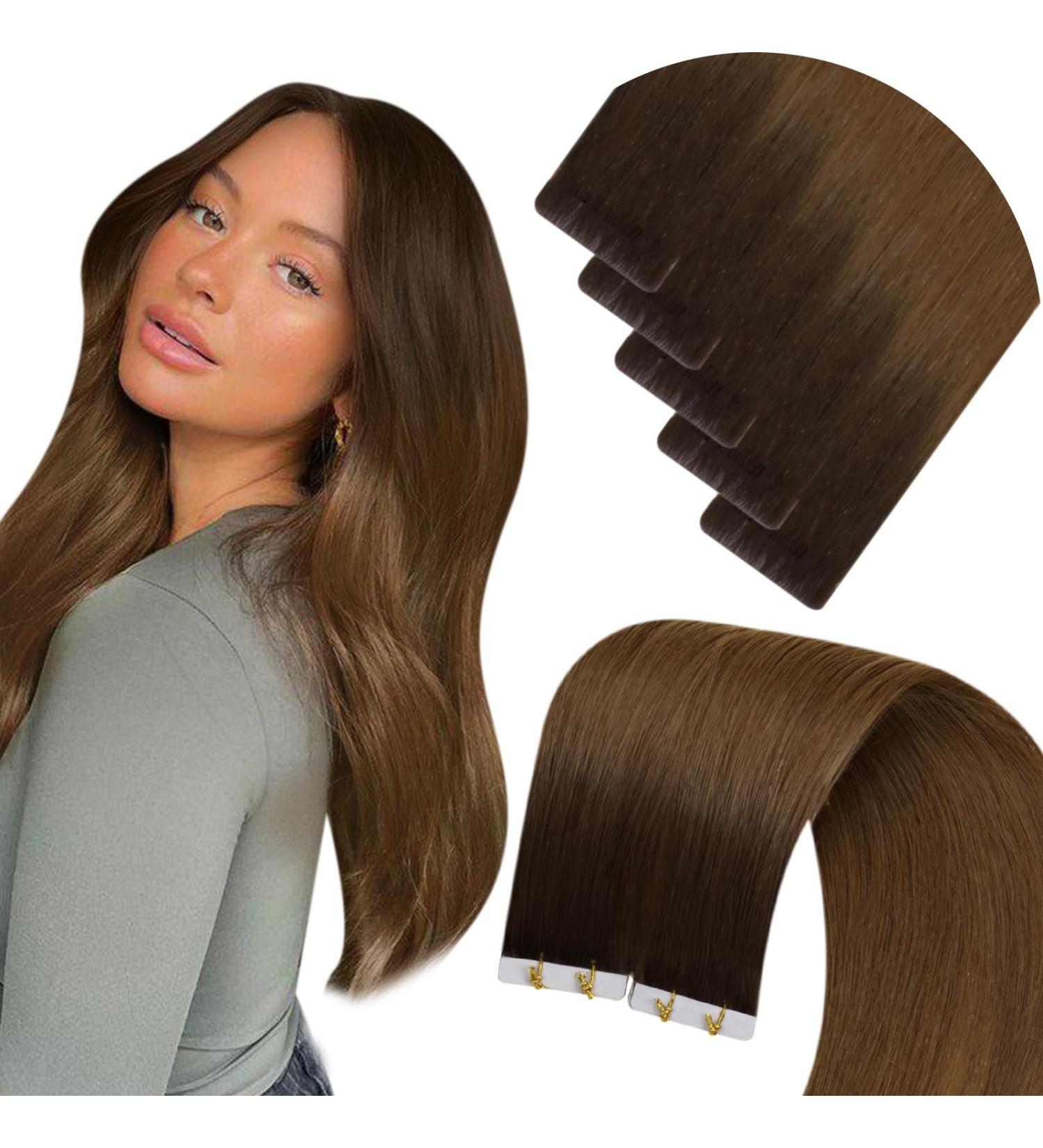 LAAVOO Ombre Brown 55cm Real Hair Tape Extensions - Virgin Balayage Light Brown 5PCs for Natural Look - Buy Online on GoSupps.com
