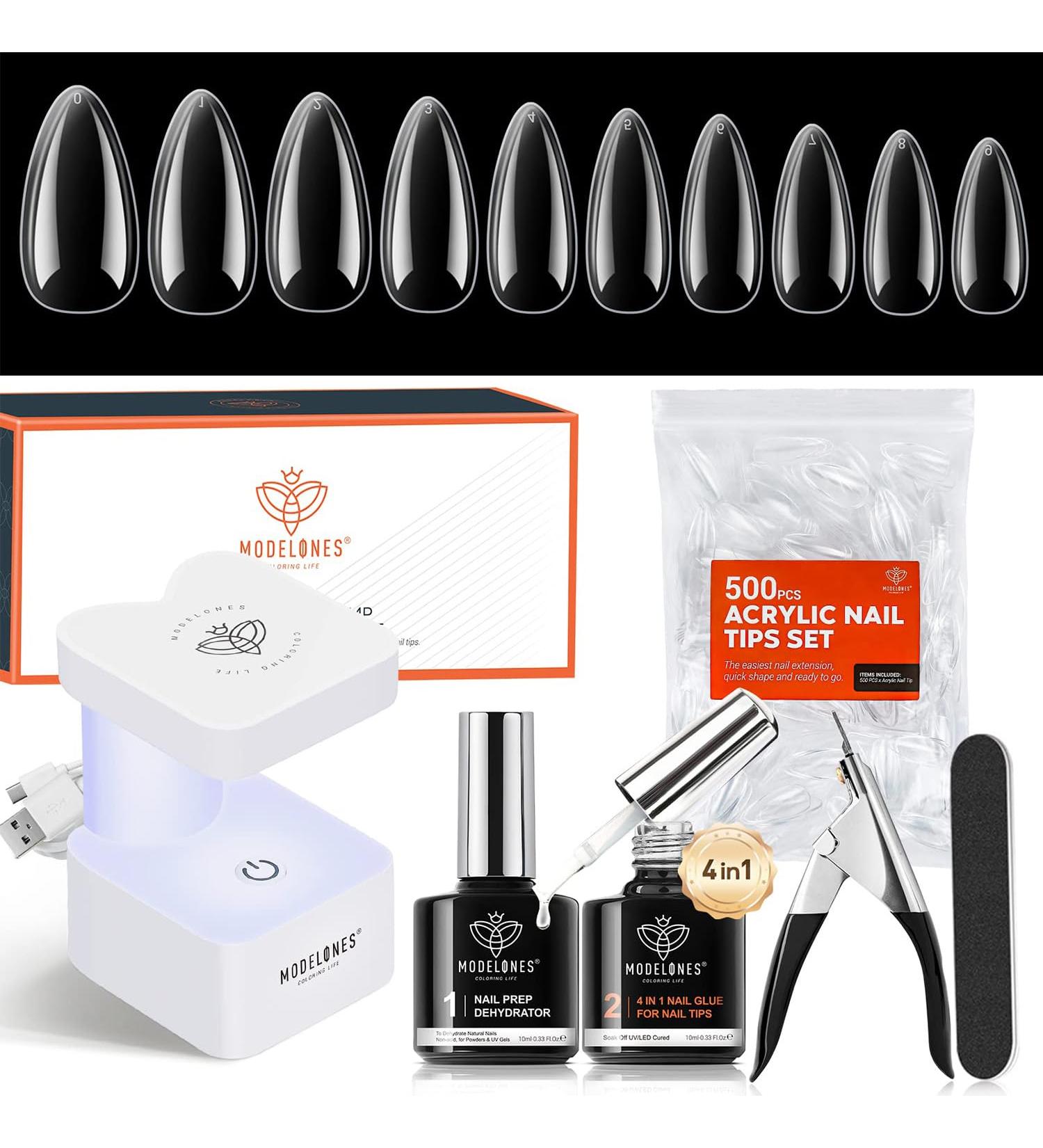 Modelones 500PC Nail Tips & Glue Gel Kit - 4-in-1 Full Cover Nail Extension Set for Press-On Nails & Art - Almond & Transparent - Buy Online on GoSupps.com