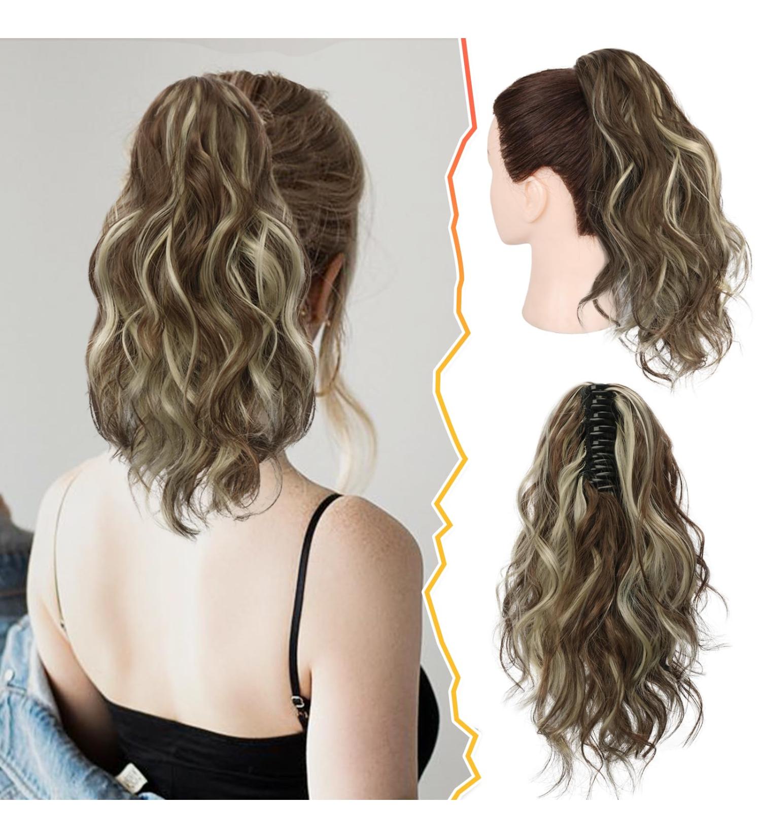 BARSDAR 14'' Short Wavy Ponytail Extension - Medium Brown & Ash Blonde Highlights | Synthetic Claw Clip Curly Hairpiece for Daily & Party Wear - Buy Online on GoSupps.com