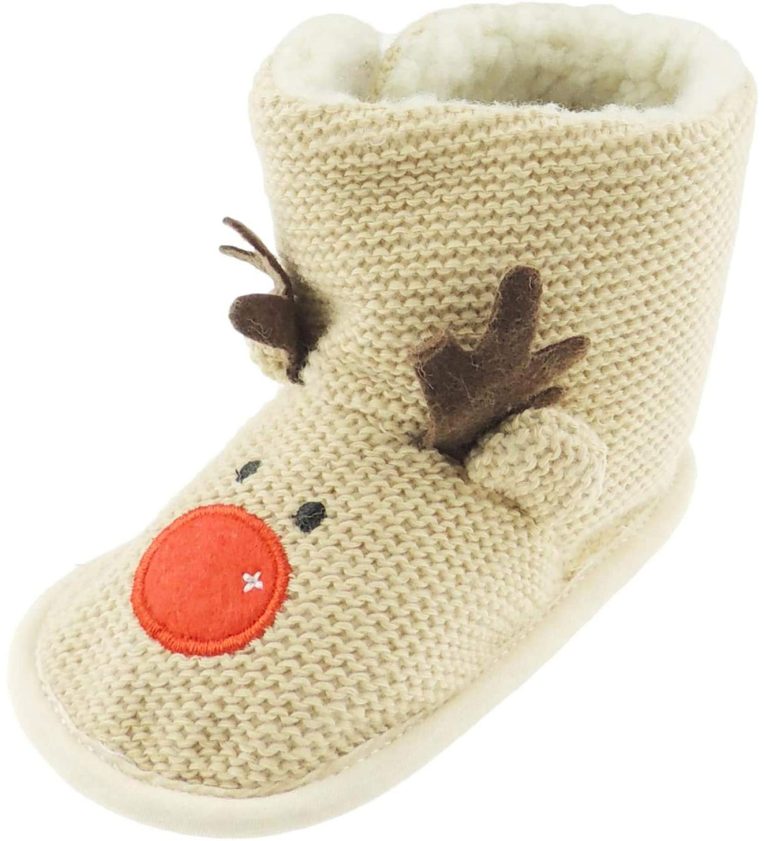 Glamour Girlz Baby Girls Boys Brown Knit Christmas Red Nosed Reindeer Boots Booties 3-6 Months Brown