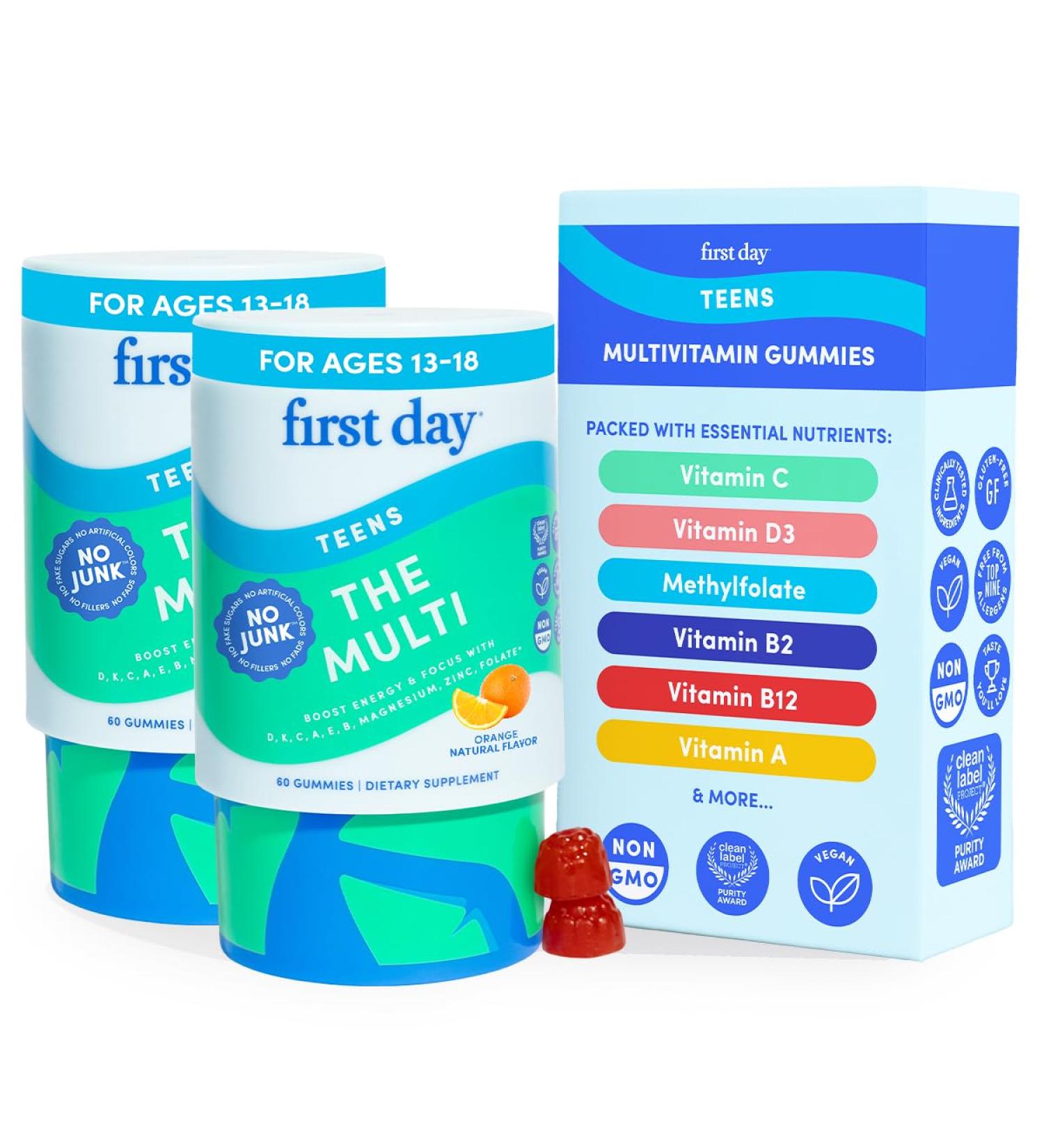 FIRST DAY Vitamins for Teens - Teen Multi Vitamins for Girls & Boys 12-17 Organic Fruit & Veggie Blend - 12 Key Nutrients: Vitamins A B1 B2 B6 B9 B12 C D3 E K2-60 Day Supply 120 (Pack Size 2) - Buy Online on GoSupps.com