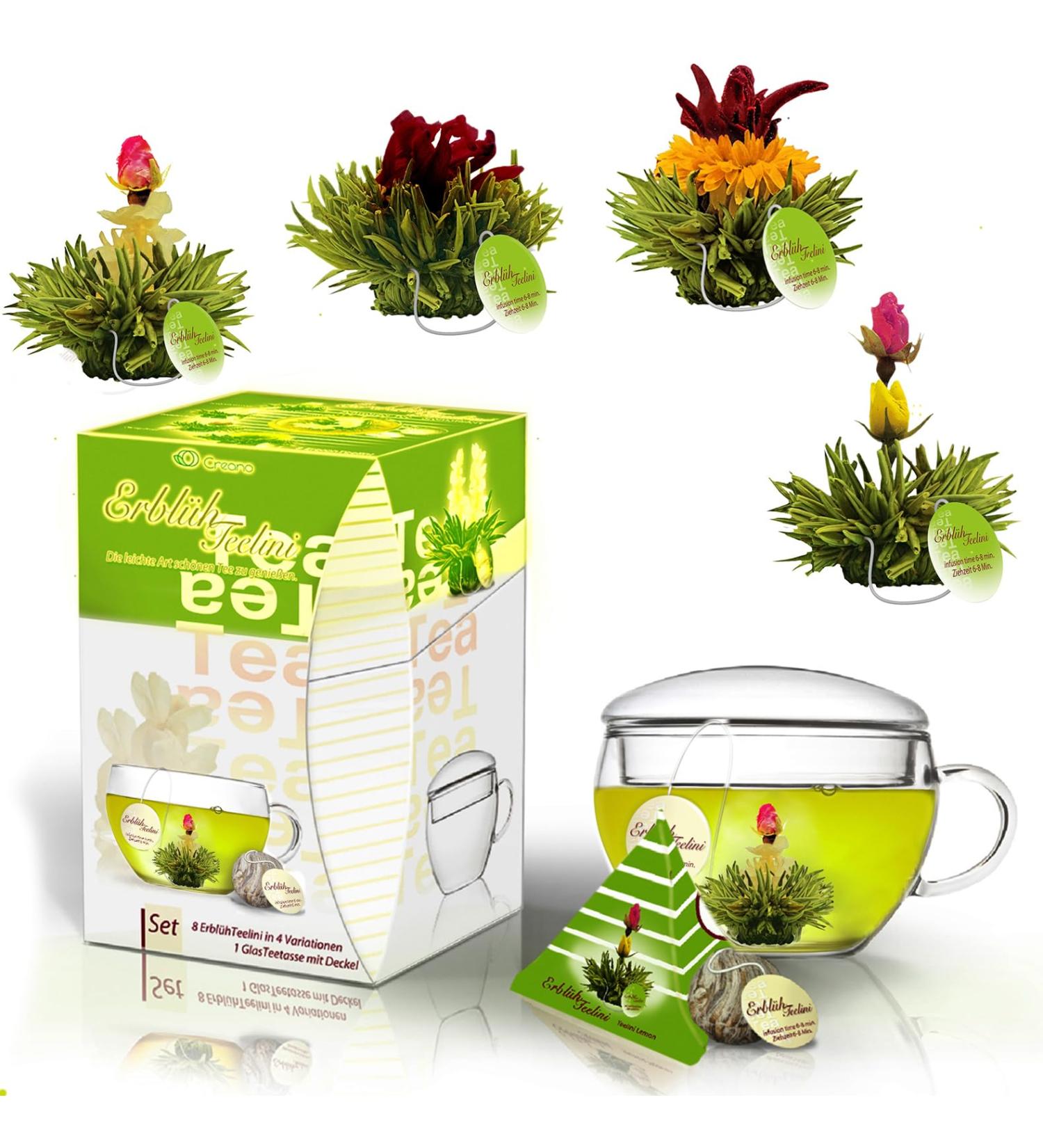 Creano Tea Flowers Gift Set - Erbl hTeelini Green Tea with Glass & 8 Cup Format Tea Flowers - Perfect Christmas Gift - Buy Online on GoSupps.com