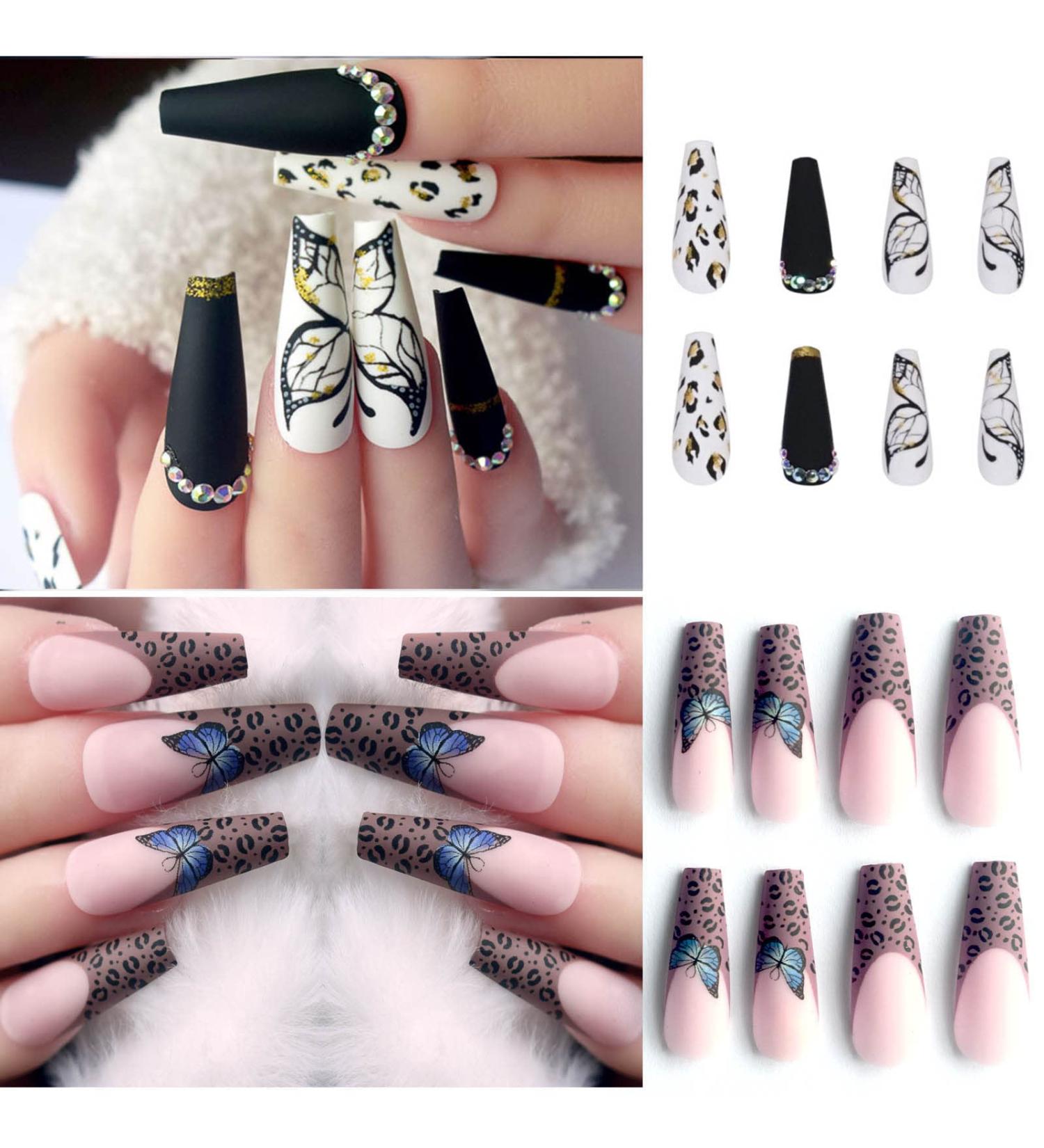 48 Pieces French Artificial Nails Set - Long Ballerina Stick-On Tips with Butterfly & Leopard Designs for Women - Acrylic Nail Art JP1451-JP1417 - Buy Online on GoSupps.com