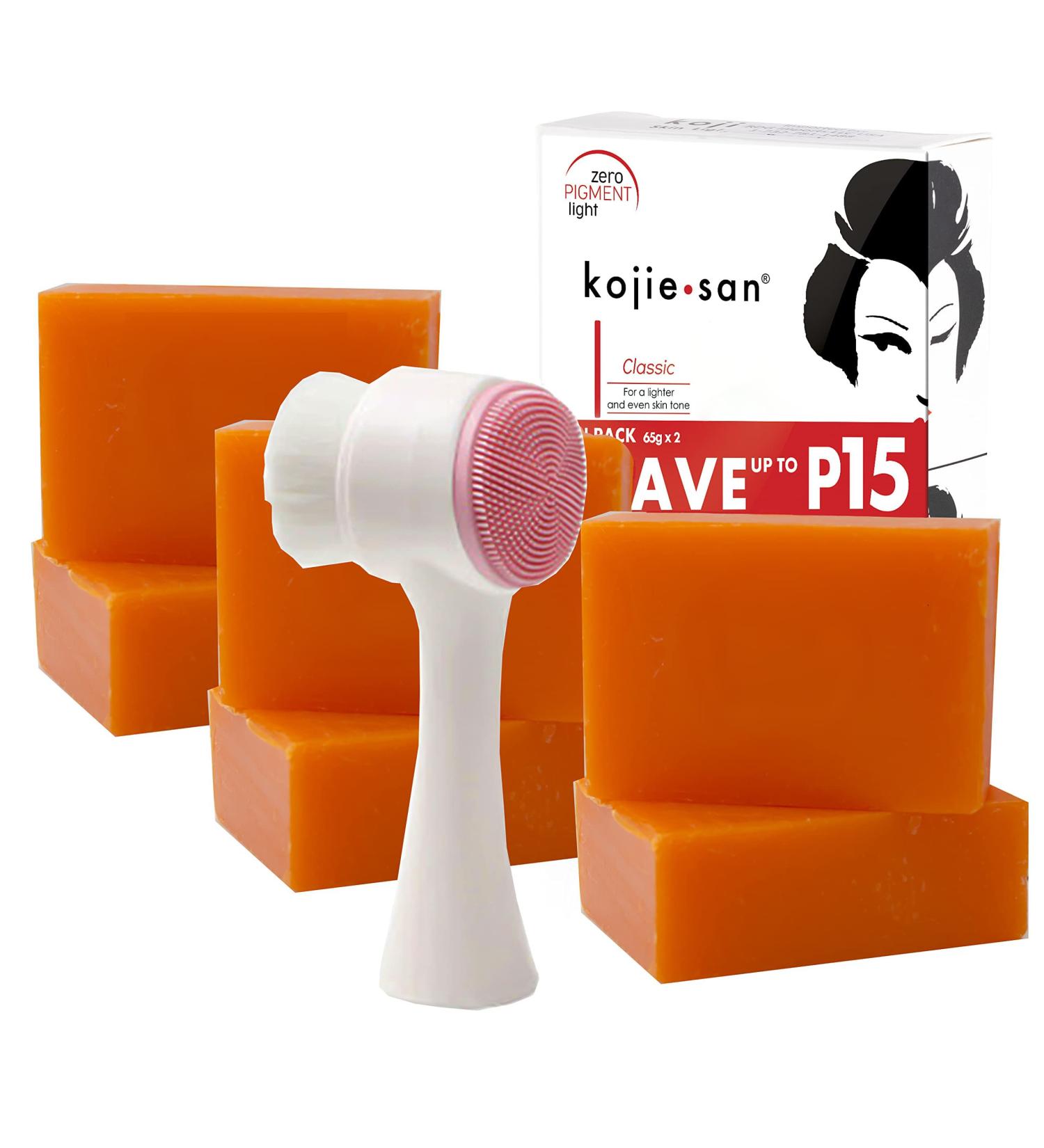 Kojie San 6 Bar Soap Set + Relumins Deep Pore Brush - Fair Skin Kojic Acid Beauty Soap, Fresh Orange Fragrance - 65g, Pack of 6 - Buy Online on GoSupps.com