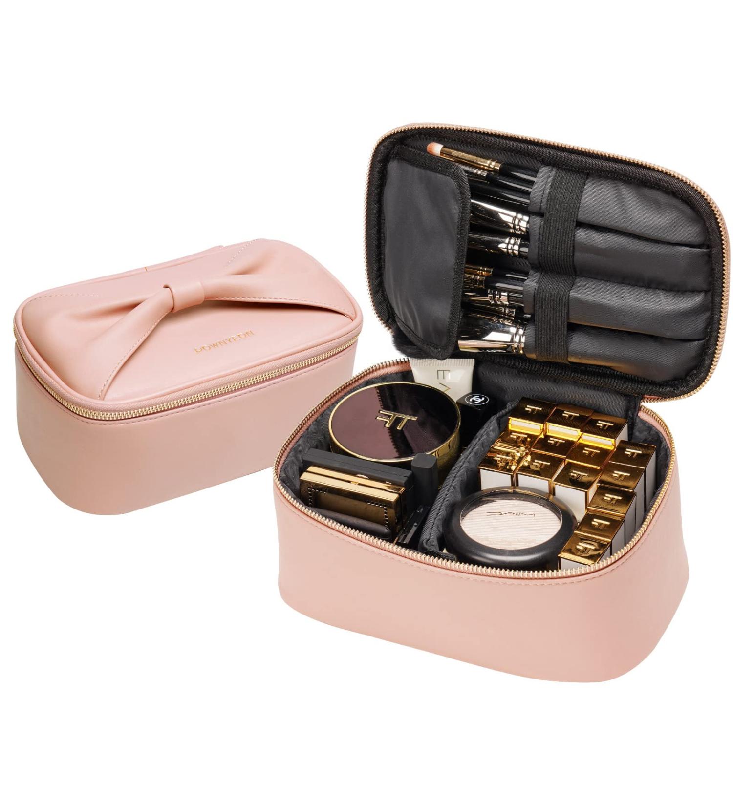 ROWNYEON Cute Travel Makeup Bag with Bow knot Handle Portable Waterproof Toiletry Pouch in Pink