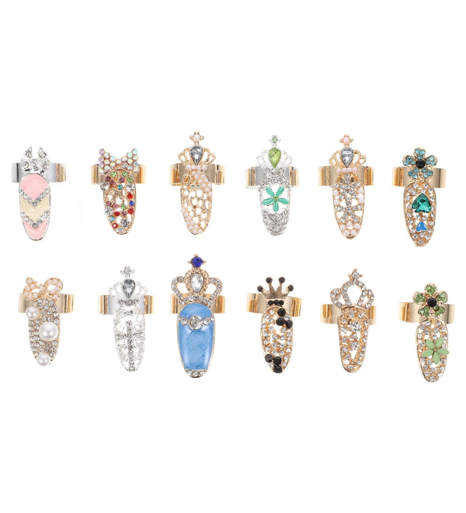 Lurrose Rhinestone Fingernail Rings - 12Pcs Crystal Nail Covers for Women, Girls - Fashion Nail Art Jewelry Charms - Buy Online on GoSupps.com