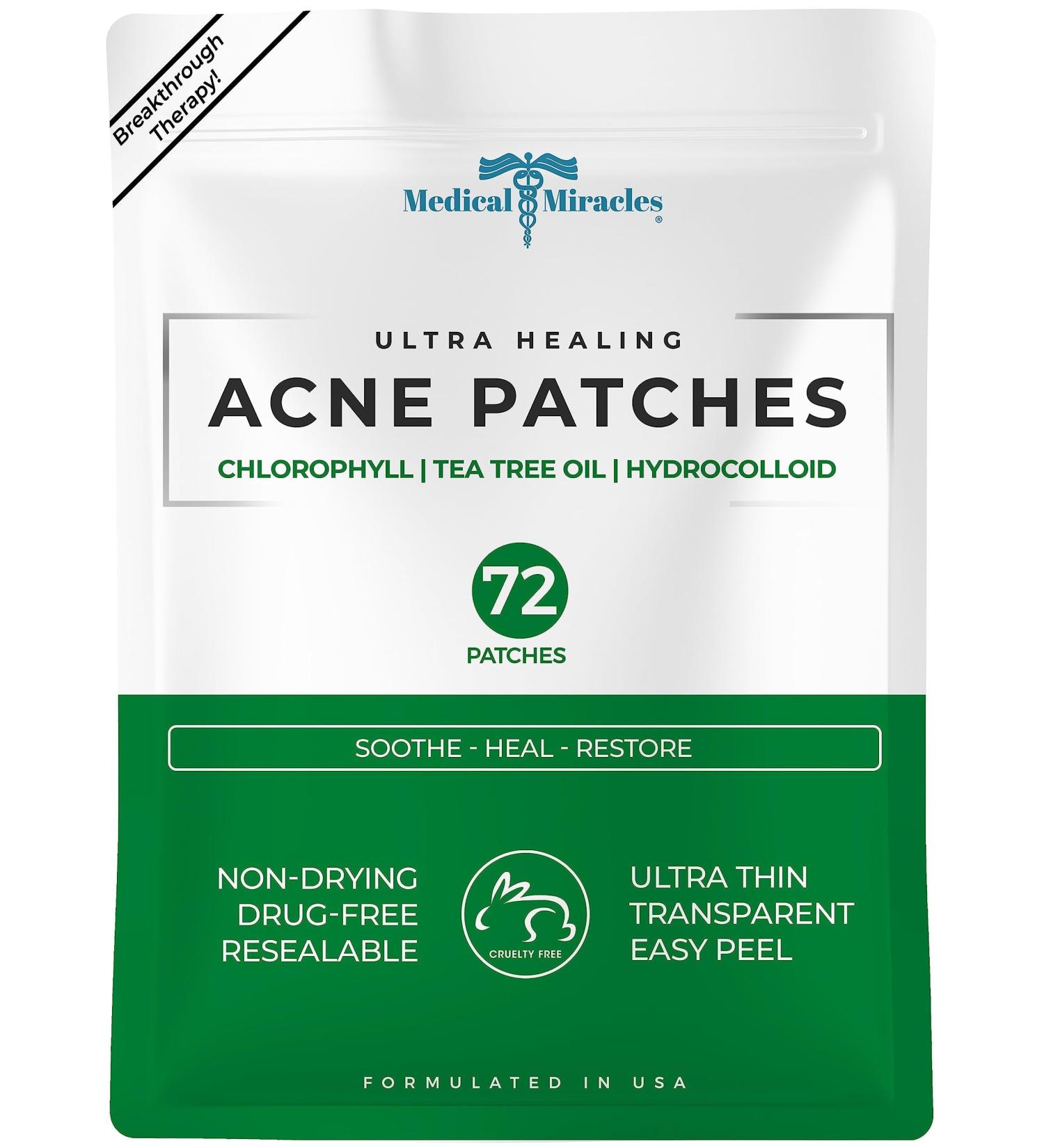 Medical Miracles Acne Healing Patches - Chlorophyll Tea Tree Oil Hydrocolloid - 72 Ultra Healing Face Treatments for Zits Pimples & Blemishes - Buy Online on GoSupps.com
