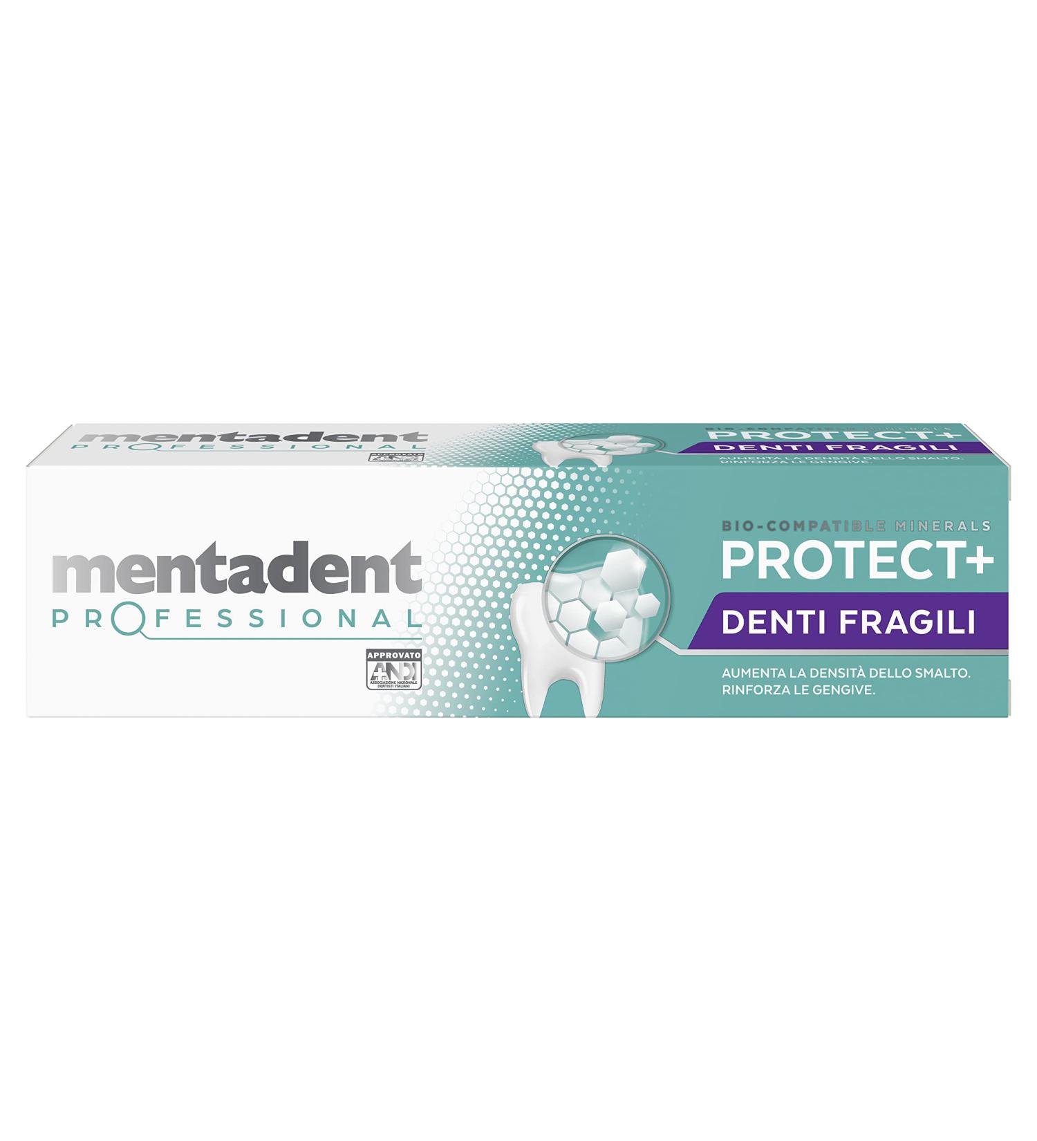 Mentadent Professional Protect+ Toothpaste Fragile Teeth increases the mineral density of the enamel strengthens the gums with organic minerals and with vitamin E 75 ml - Buy Online on GoSupps.com