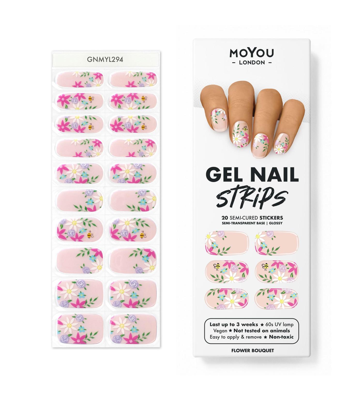 Moyou London Semi Cured Gel Nail Strips - Easy Application & Removal - Salon-Quality Manicure - Flower Bouquet Design - Buy 3, Get 1 Free UV Lamp - Buy Online on GoSupps.com