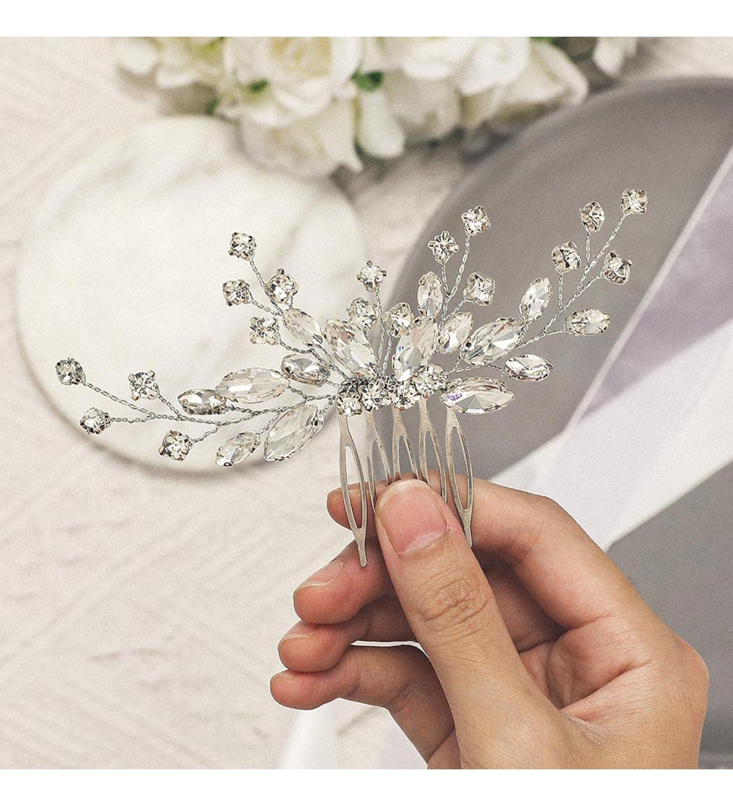 Flovel Crystal Bride Wedding Hair Comb Silver Rhinestone Bridal Hair Accessories Hair Side Comb for Women and Girls - Buy Online on GoSupps.com
