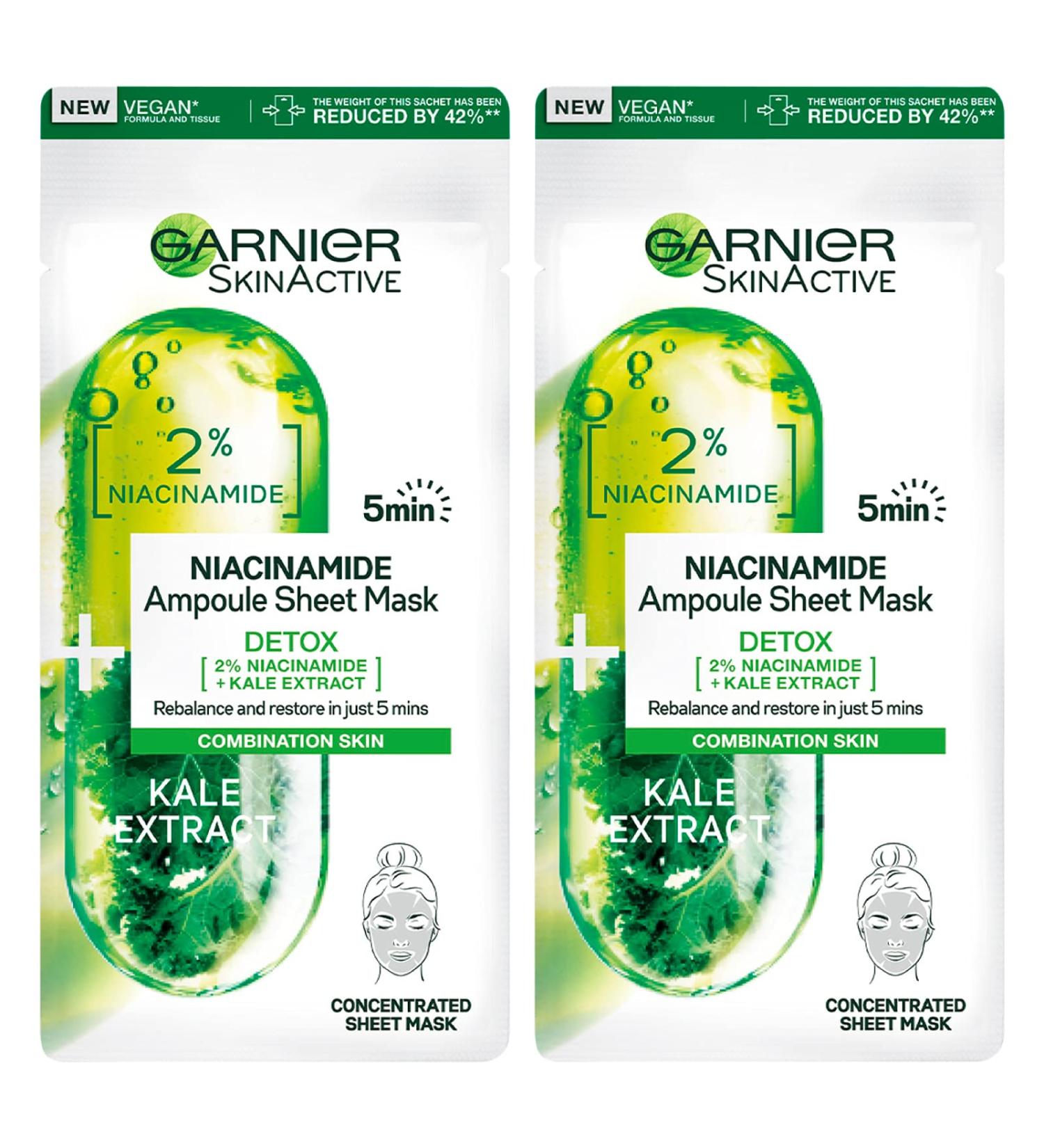 Garnier 2 x Garnier SkinActive Niacinamide Ampolla Detox Purifying Fabric Mask for Combination and Oily Hair Antioxidant Action 2 Monouso Face Masks