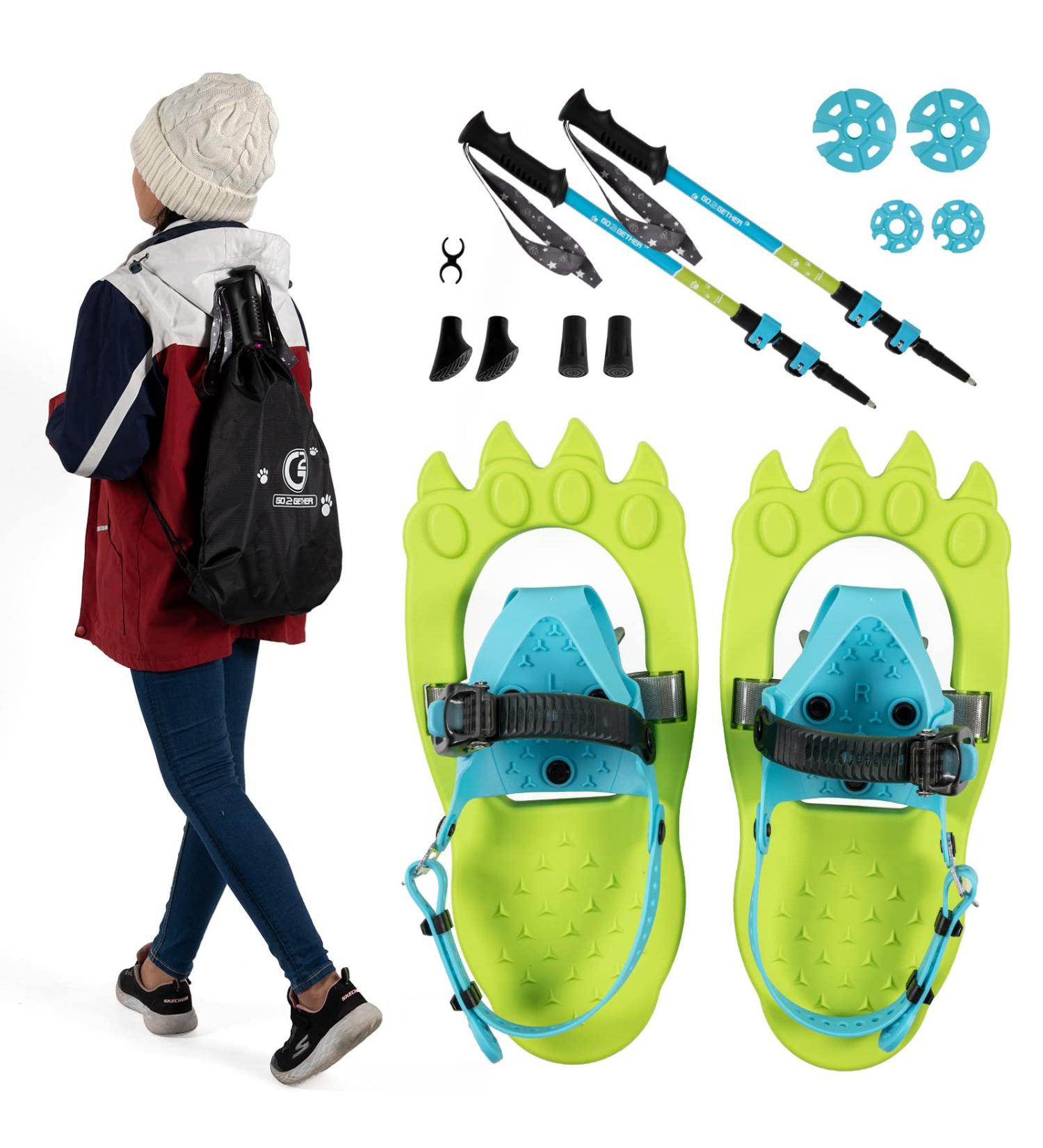 G2 16 Inch Kids Snowshoes Storage Bag with Fast Ratchet Binding - Green/Blue | Ideal for Child Youth Boys and Girls | Includes Trekking Poles - Buy Online on GoSupps.com