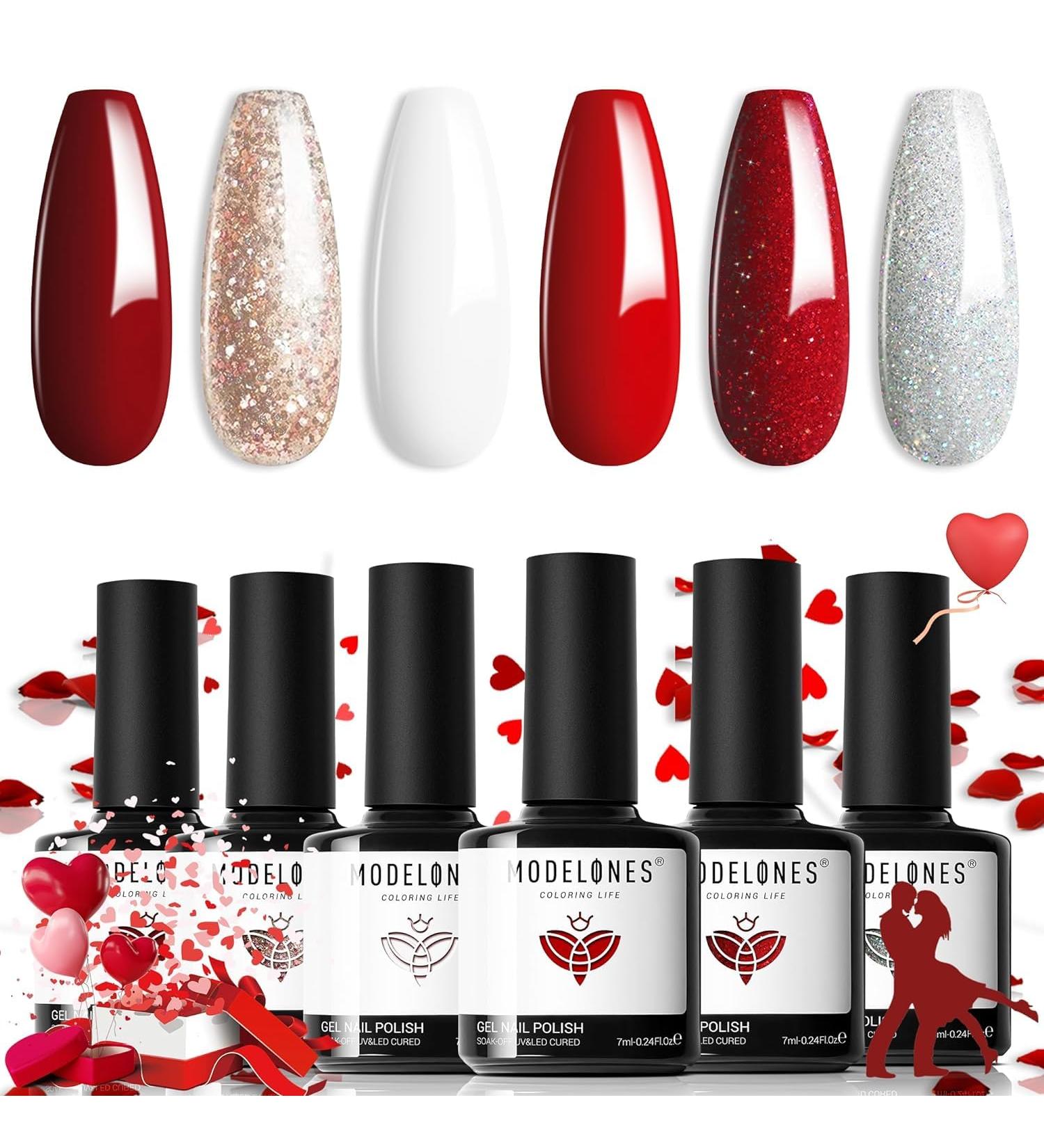 Modelones Red Gel Nail Polish Set - 6 Colors Candy Cane Glitter White Starter Kit - Sparkle Burgundy, Dark Rose, Champagne, Silver - Soak Off Nail Art Manicure DIY - 7 ML - Gifts for Women - Red Velvet, Red, White - Buy Online on GoSupps.com