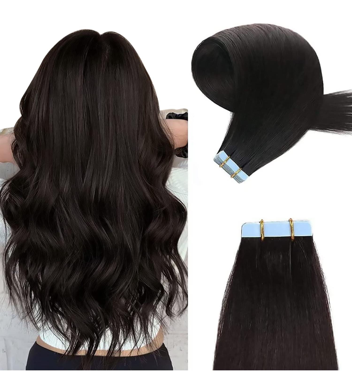 Yilite Real Hair Tape Extensions - 40cm Natural Black 20 Pieces 40g - Invisible Silky Straight Skin Weft for Natural Look - Buy Online on GoSupps.com