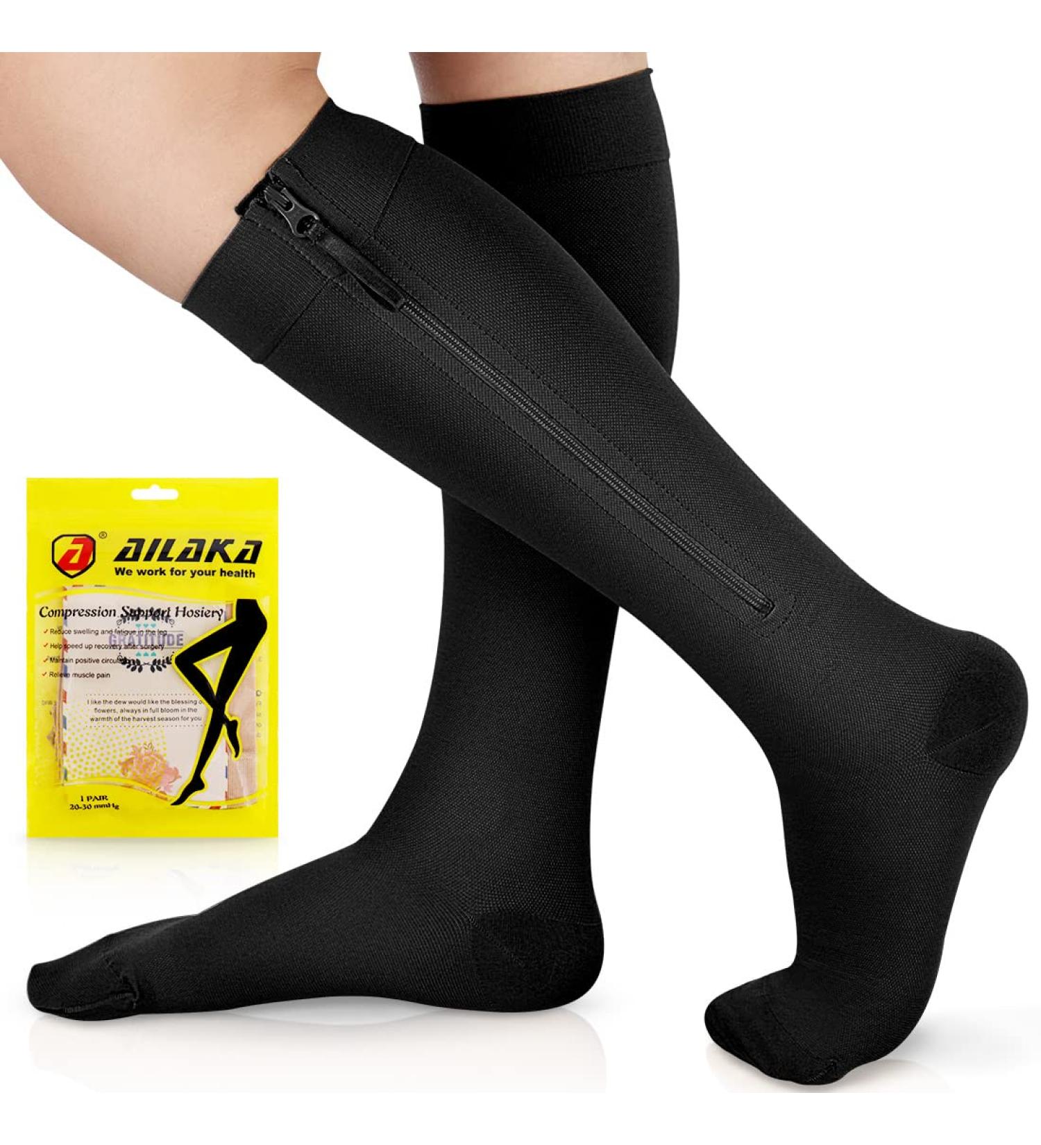 Buy Ailaka Compression Stockings with Zipper for Men & Women - 20-30 mmHg Medical Class 2 Support Socks for Varicose Veins Edema Recovery & Pregnancy - Medium Black (1 Pair) - International Shipping Available - Buy Online on GoSupps.com