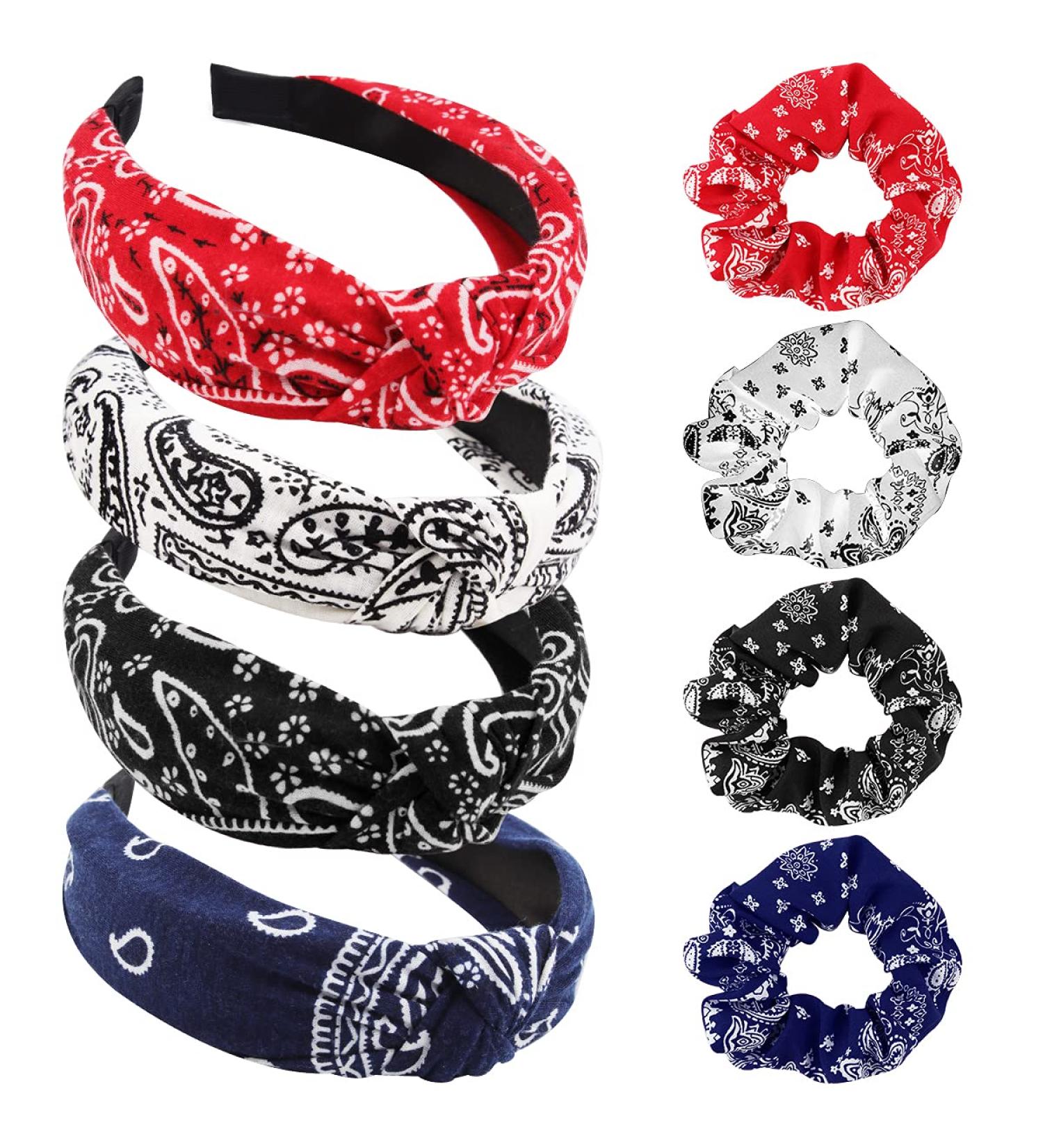 TOBATOBA 8 Pack Bandana Headband for Women - Elastic Paisley Headbands - Wide Knotted Turban Style - Vintage Boho Design - No Slip - 4 Set (Black, Red, Blue, White) - Buy Online on GoSupps.com