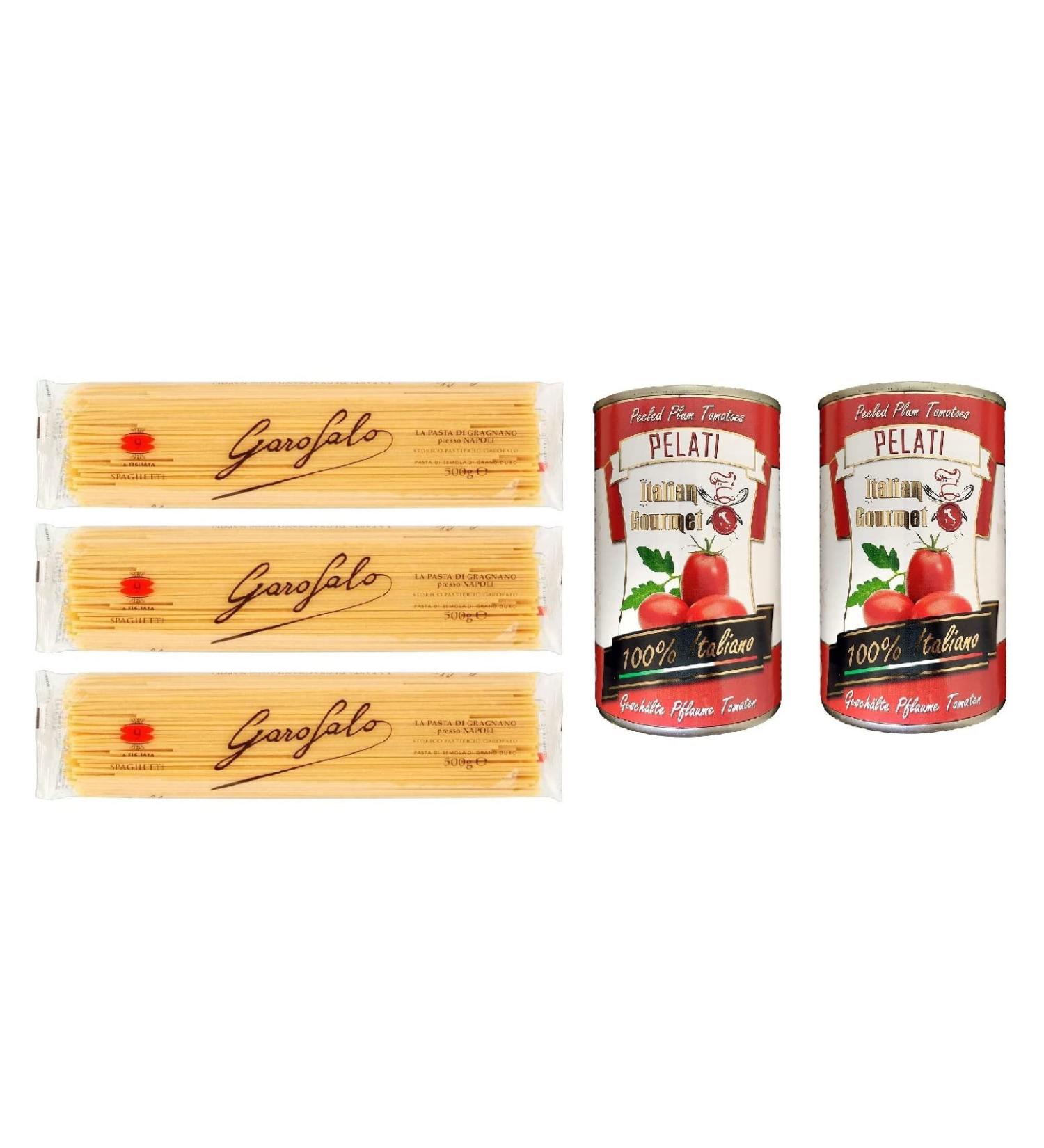  Italian Gourmet E.R. Garofalo Pack of 3 Spaghetti Pasta No. 9 (500g) + 2 Gourmet Italian Pompon Pasta 100% Italian Pelati Ganze Plum and Tomato 400g - Buy Online on GoSupps.com