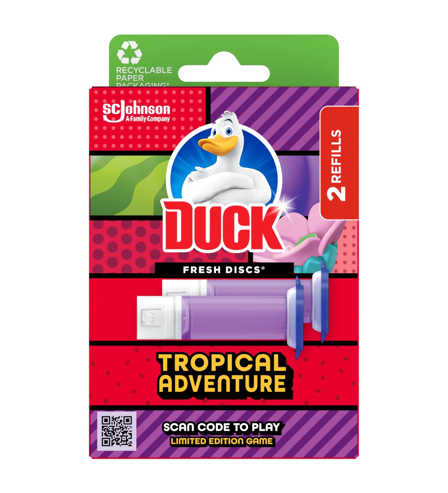 Duck Fresh Discs Toilet Cleaner Twin Pack Refills Sanitising & Descaling Toilet Bowl Gel Kills Germs and Bacteria Tropical Adventure 72ml - Buy Online on GoSupps.com