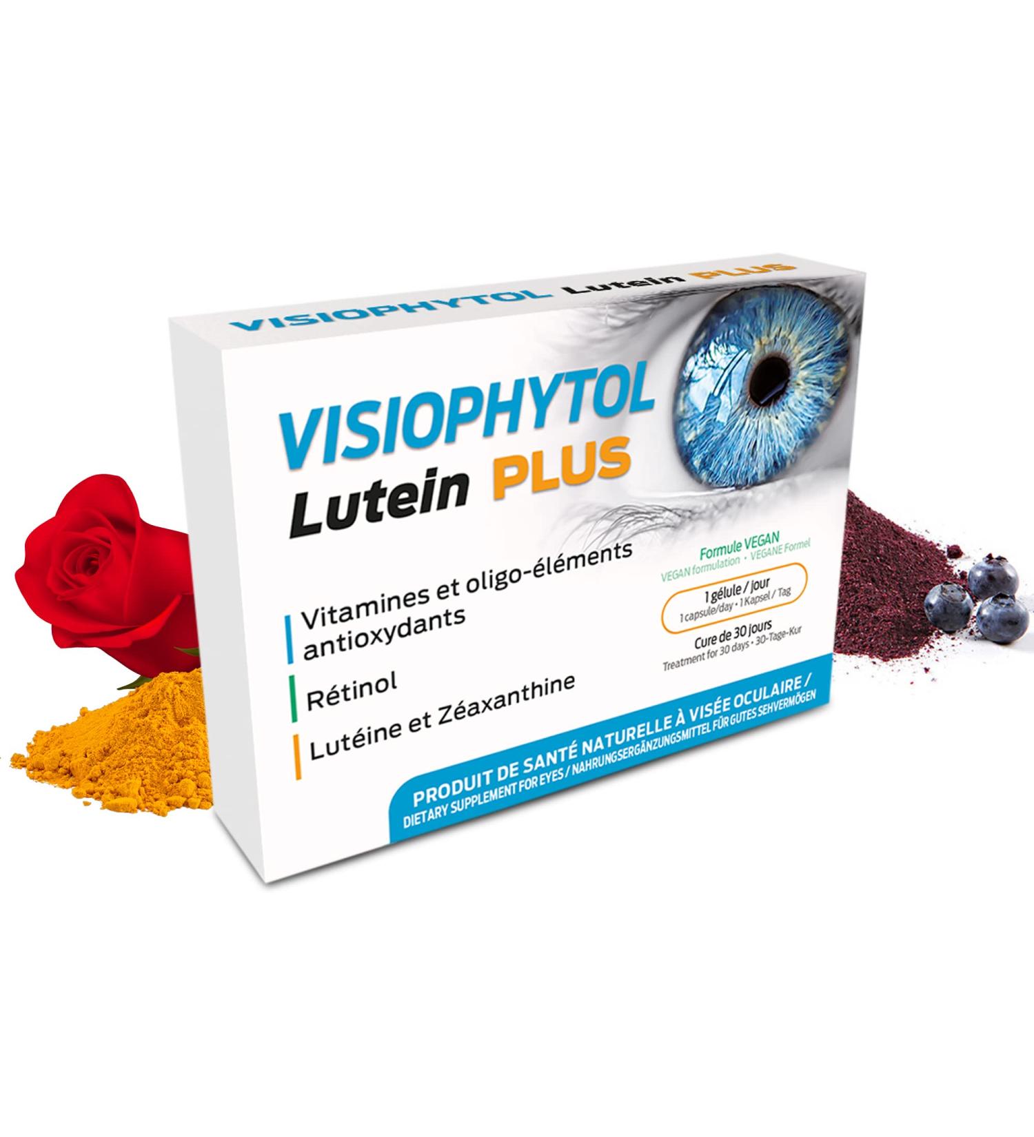 Visiophytol - Eye Health Dietary Supplement - Sight Vision Visual Comfort Glaucoma Cataract - Lutein Blueberry Zeaxanthin Selenium - Buy Online on GoSupps.com