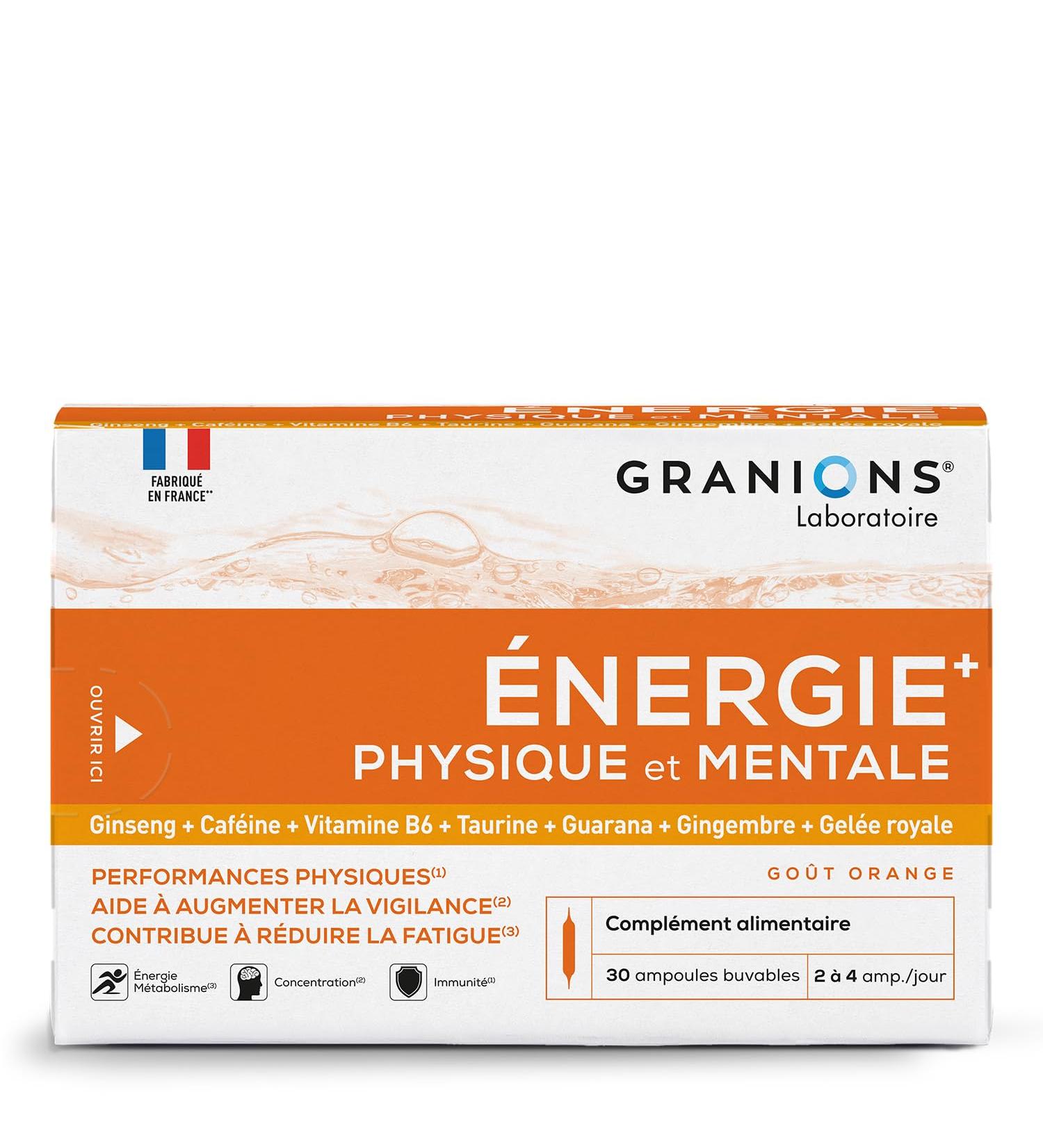 GRANIONS PHYSICAL AND MENTAL ENERGY BOOSTER | Ginseng Ginger Guarana Royal Jelly Vitamin B6 Coffeine - Memory and Concentration - Anti Fatigue Booster - 30 Drinkable Ampoules - Made in France - Buy Online on GoSupps.com