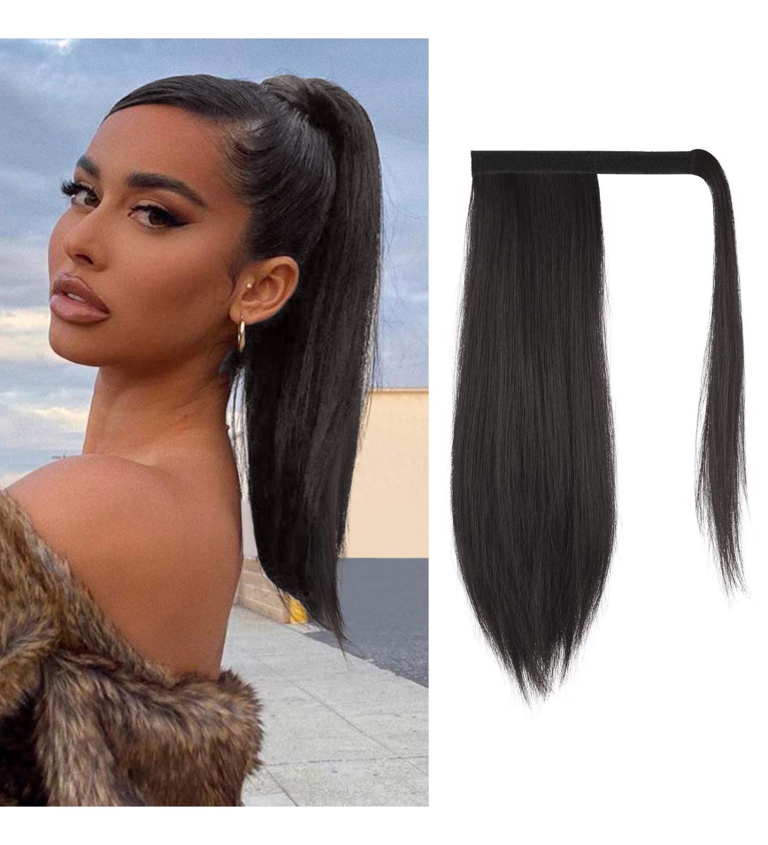 FESHFEN Dark Brown Straight Ponytail Extension 16 inch - Clip in Wrap Around Synthetic Hairpiece for Women and Girls - Buy Online on GoSupps.com