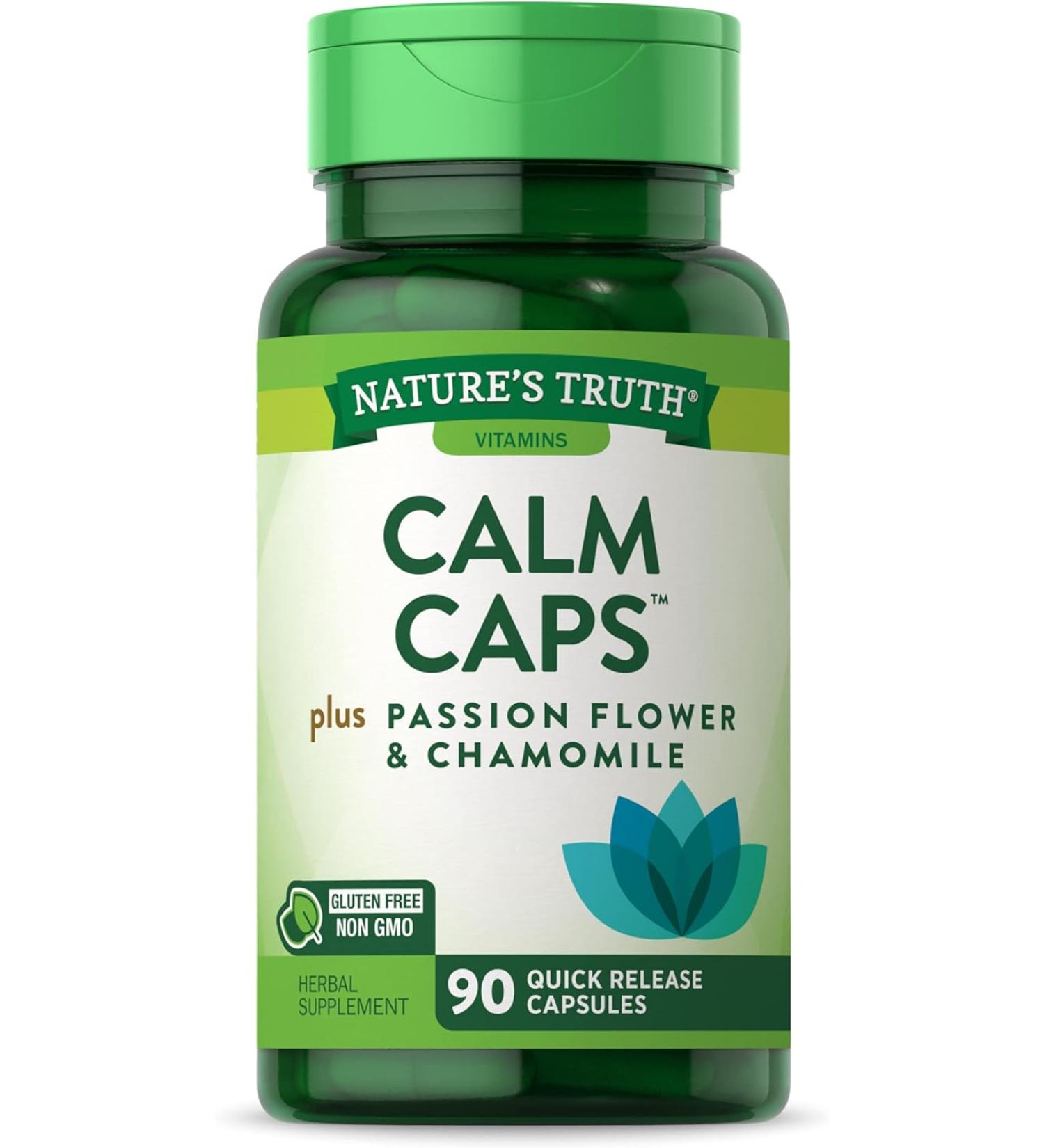 L-Theanine Calm Caps | 90 Veggie Capsules with Ashwagandha, Passion Flower & Chamomile | Vegan, Non-GMO, Gluten Free Supplement by Nature's Truth - Buy Online on GoSupps.com