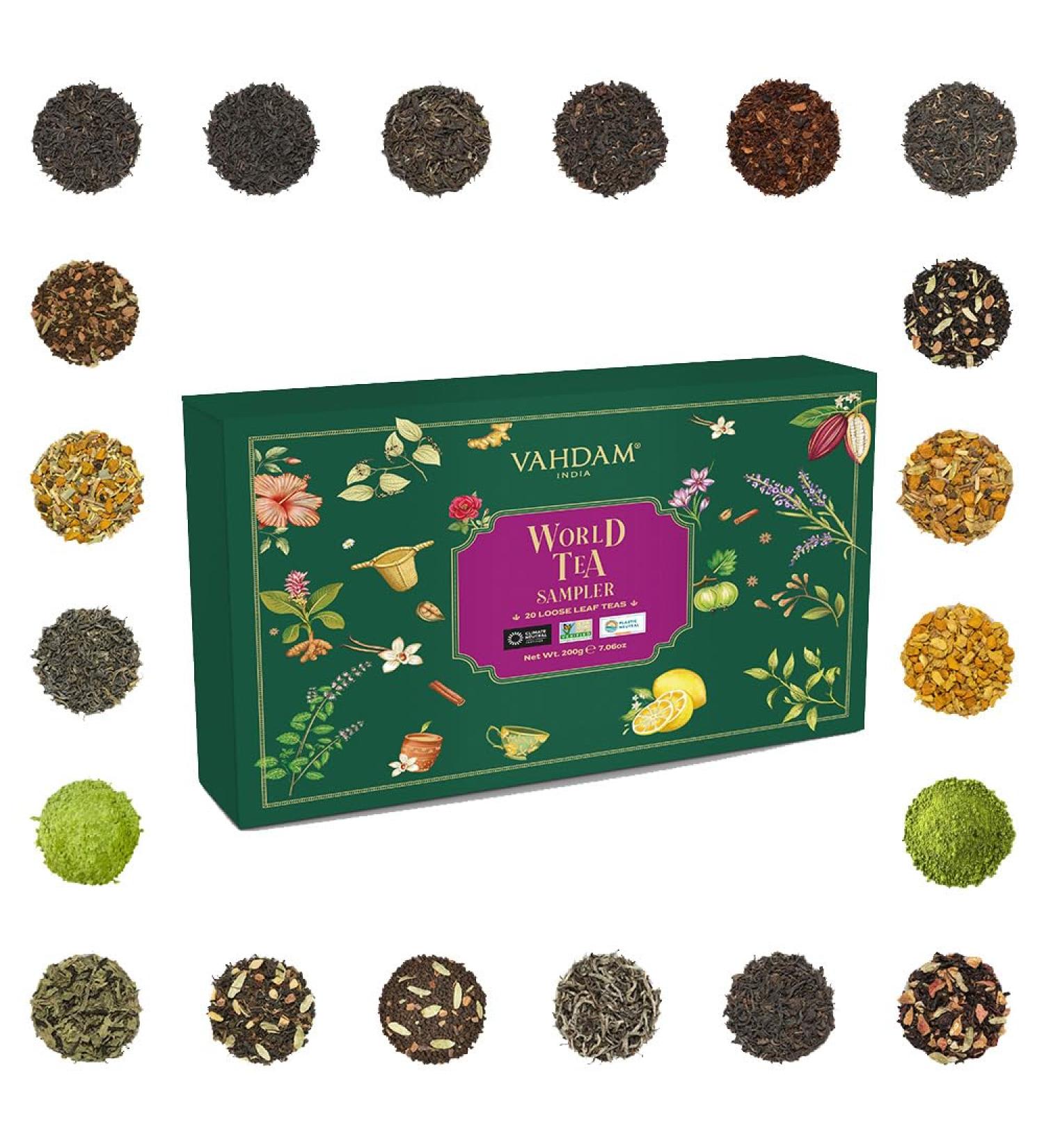 VAHDAM Assorted Loose Leaf Tea Sampler Gift Set - 20 Teas, 100+ Servings | Christmas Tea Gifts for Women, Men & Adults - Green Tea, Chai & More - Buy Online on GoSupps.com