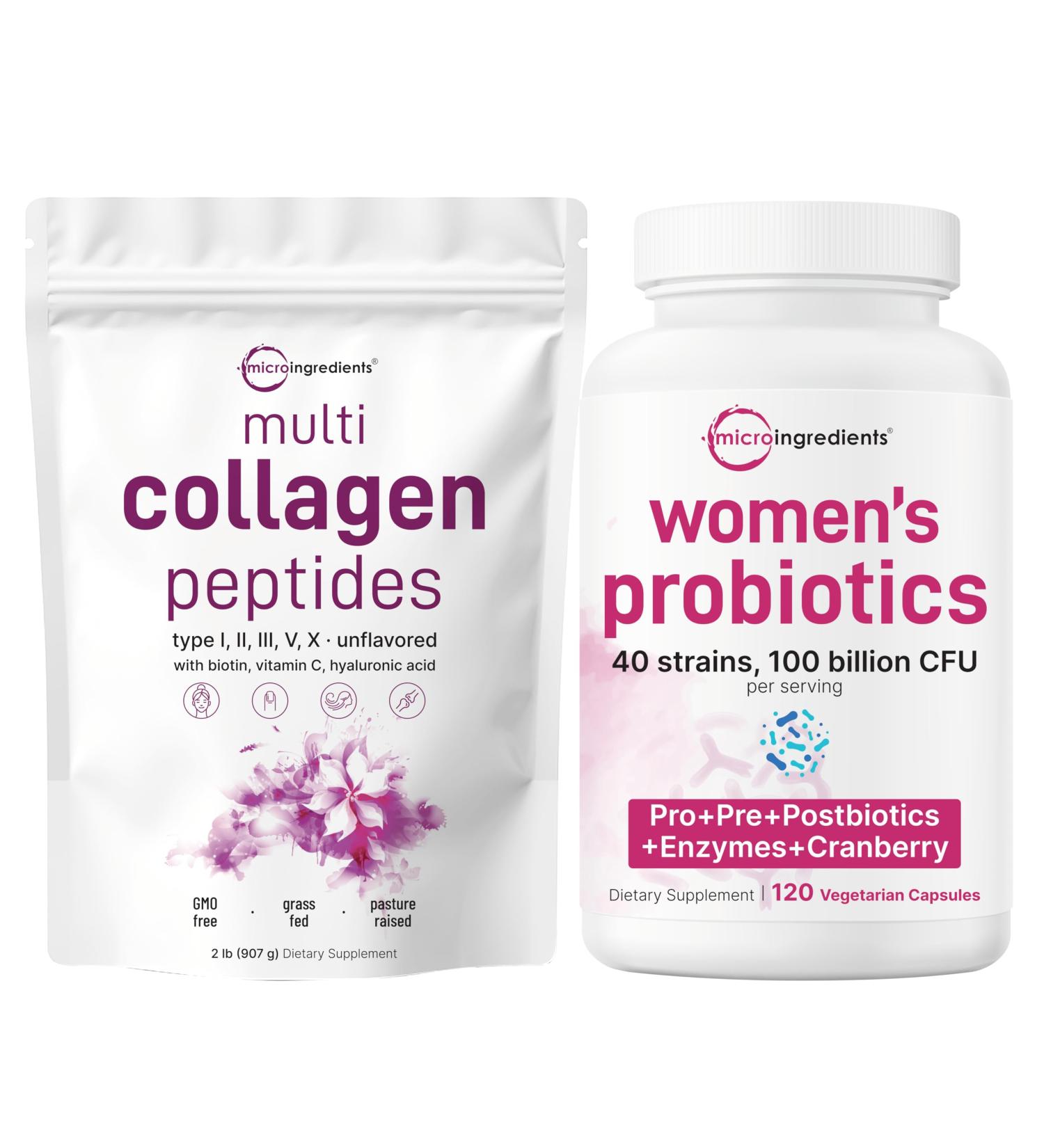 Micro Ingredients 8-in-1 Multi Collagen Powder & Women s Probiotics 100 Billion CFU Veggie Capsules | 2 Pack | Hydrolyzed Peptides + Hyaluronic Acid & Vitamin C | 40 Strains + Cranberry & D-Mannose - Buy Online on GoSupps.com