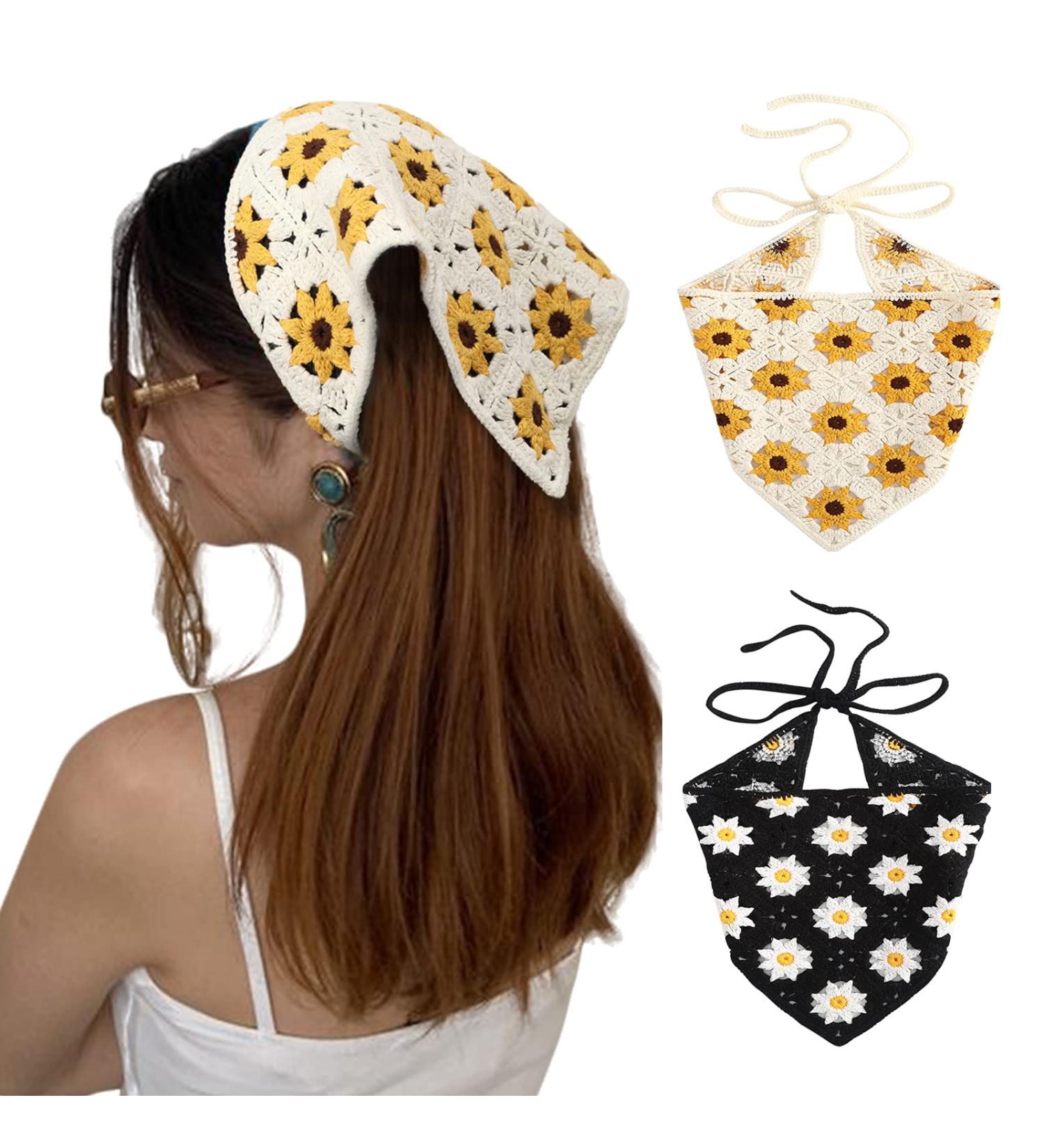 Daisy Crochet Bandana Head Kerchief Hair Scarf 2Pcs for Women and Girls - Buy Online on GoSupps.com