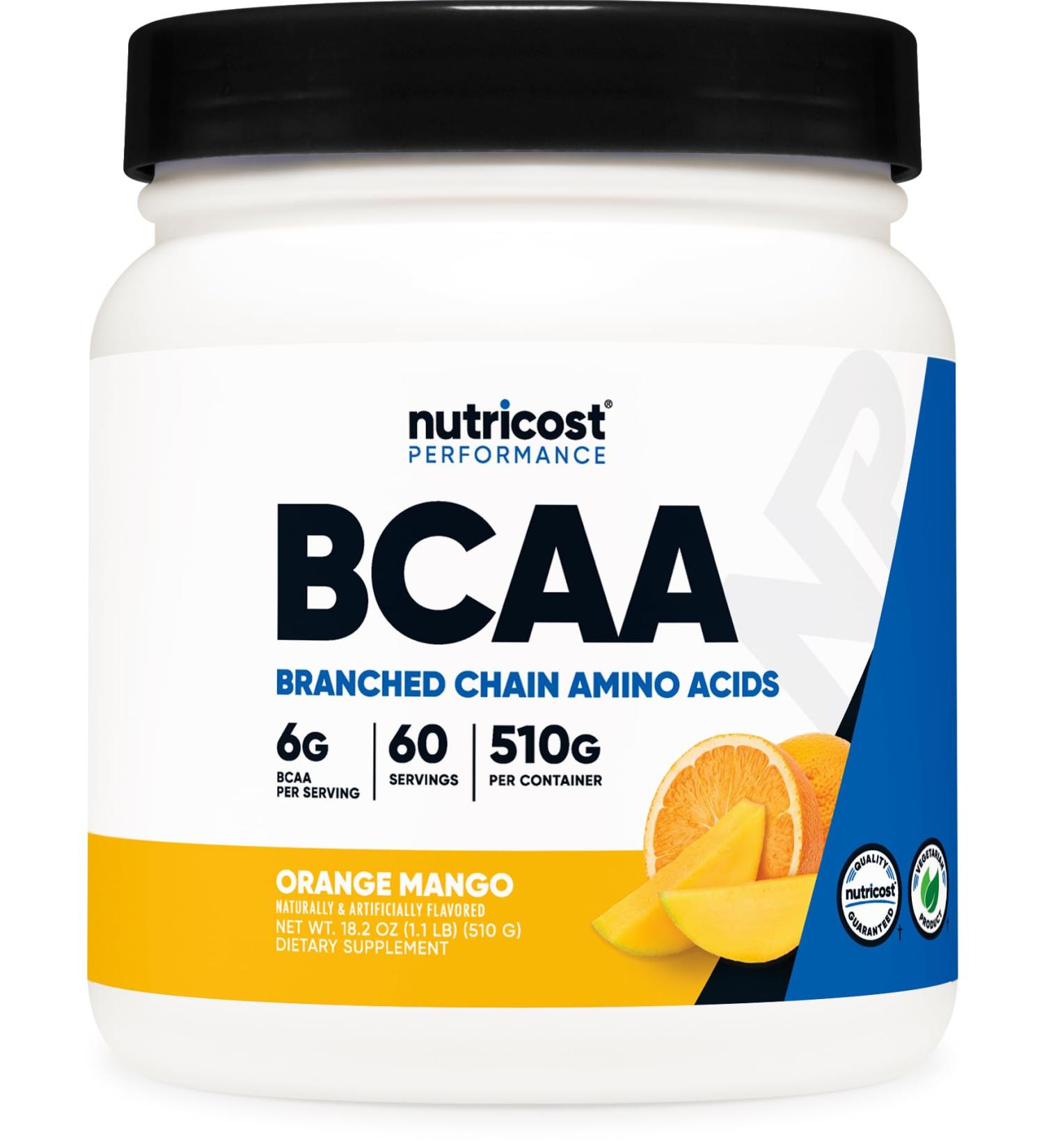 Nutricost BCAA Powder - Orange Mango Flavor 60 Servings 2:1:1 Ratio Gluten Free Non-GMO Vegetarian - International Shipping Available - Buy Online on GoSupps.com