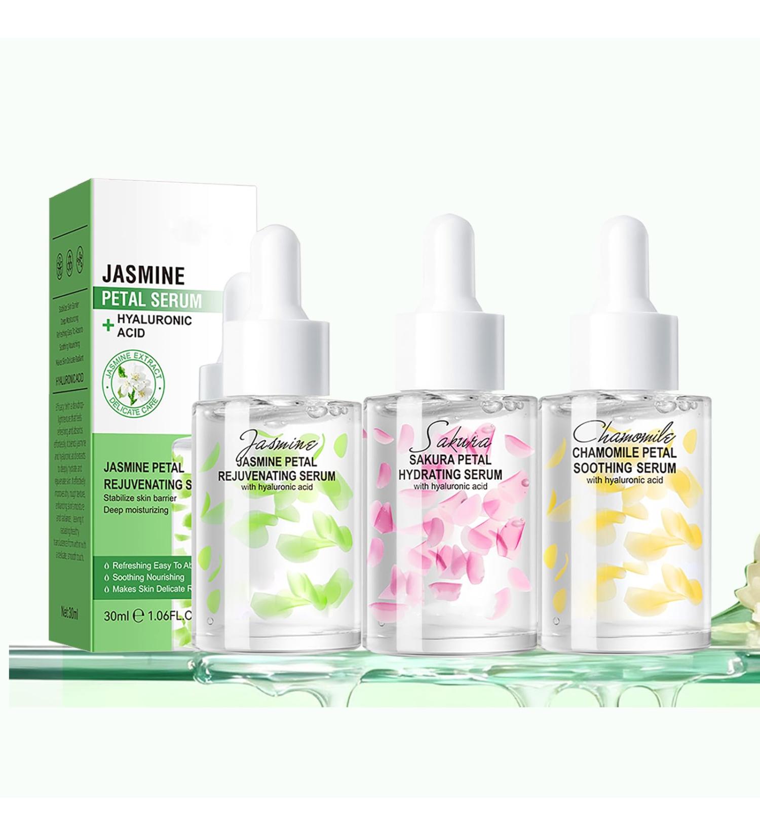 HELBR Hyaluronic Acid Serum with Jasmine Cherry Blossom & Chamomile | Anti-Aging & Moisture Rejuvenating Face Treatment to Soothe Redness & Refine Texture | For All Skin Types | 3-Pack - Buy Online on GoSupps.com