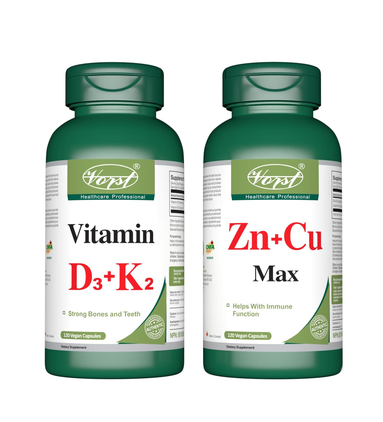 VORST Vitamin D3 + Vitamin K2 120 Capsules and Zinc + Copper 120 Capsules (Combo Bundle 2 Bottles) - Buy Online on GoSupps.com