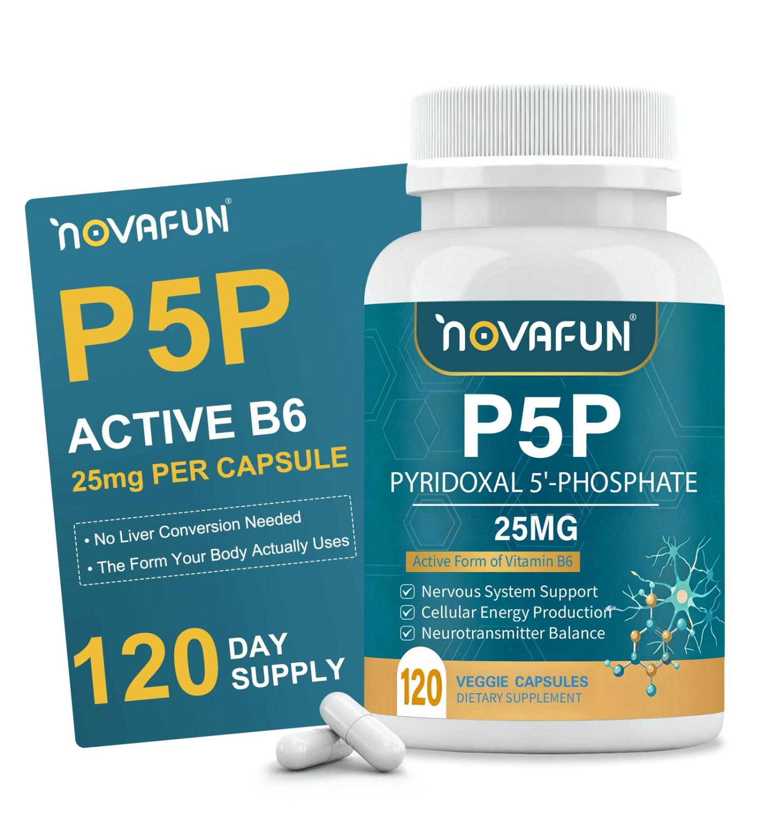 Novafun P5P 25mg - Active Vitamin B6 High Potency Pyridoxal-5-Phosphate Coenzyme Supplement Supports Nervous System Neurotransmitter Balance & Cellular Energy 120 Veggie Capsules - Buy Online on GoSupps.com
