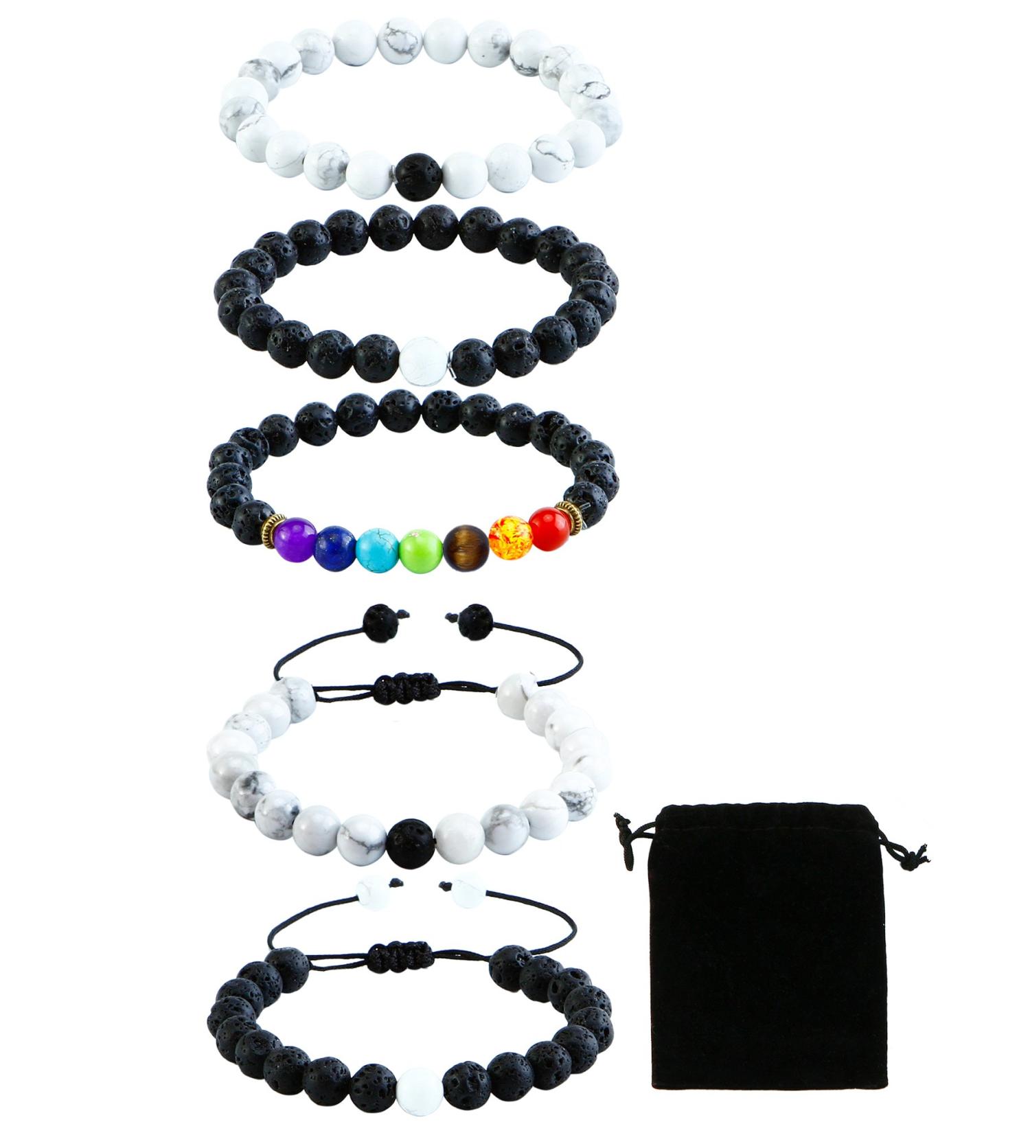5 Pieces Howlite Lava Rock Stone Bracelets - Essential Oil Diffuser Yoga Beads with Drawstring Bag - Natural Chakra Accessories for Couples - Buy Online on GoSupps.com