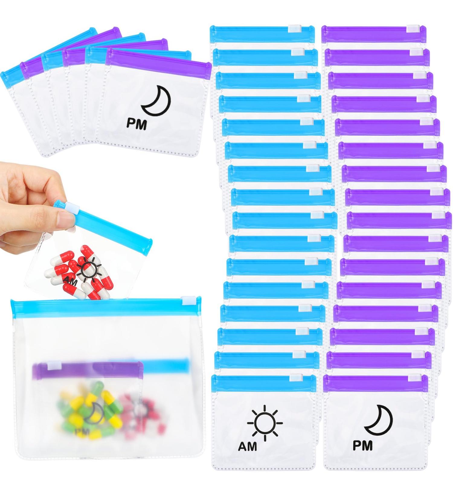 56 Pcs AM PM Pill Pouches - Travel Medicine Organizer Bags | Reusable Plastic Zip Lock Pill Baggies for Day & Night - Monthly Pill Organizer in Blue & Purple - Buy Online on GoSupps.com