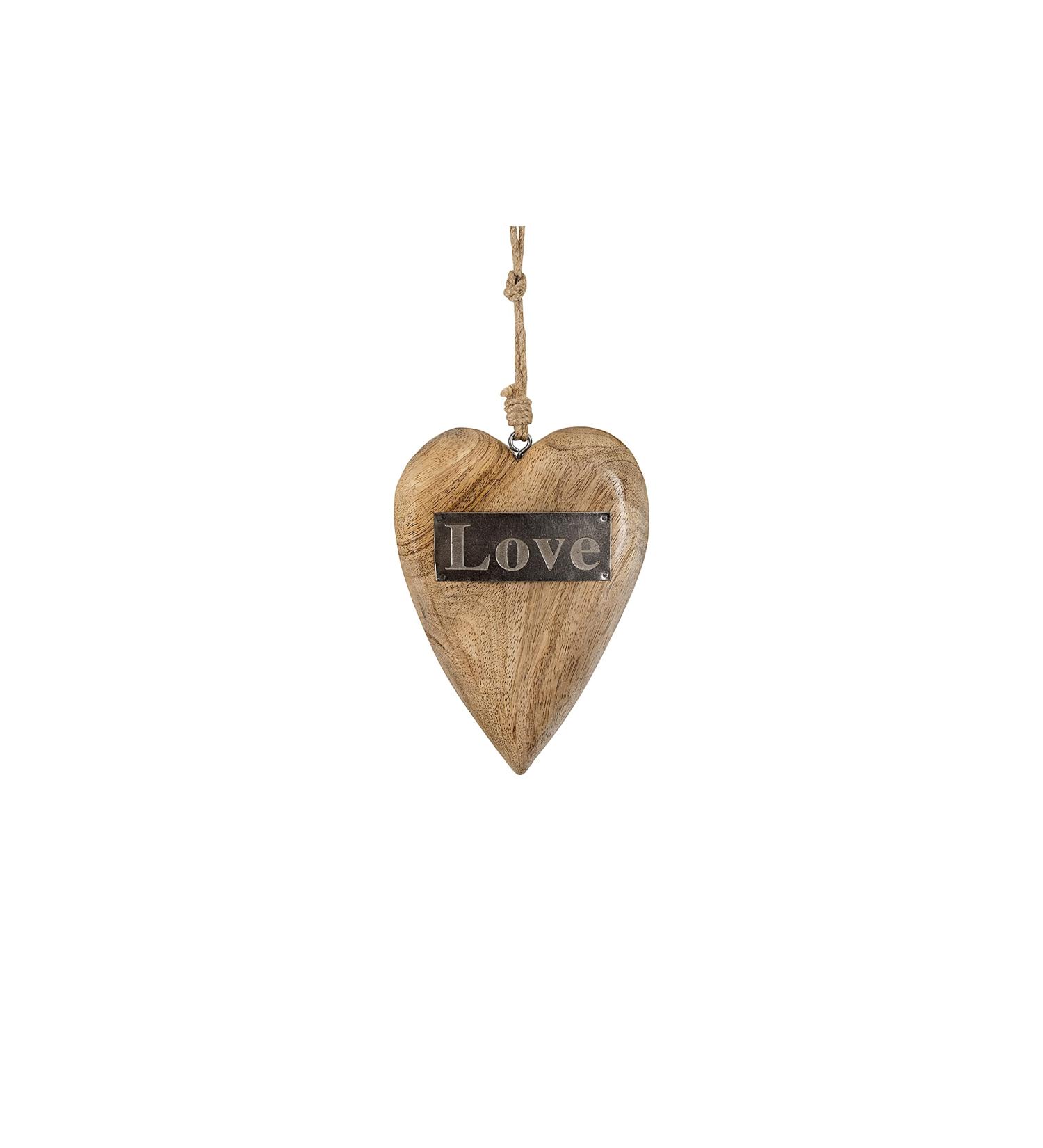 Creative Co-op Mango Wood Hanging Heart with Metal Love Brown 8" Tall - Buy Online on GoSupps.com