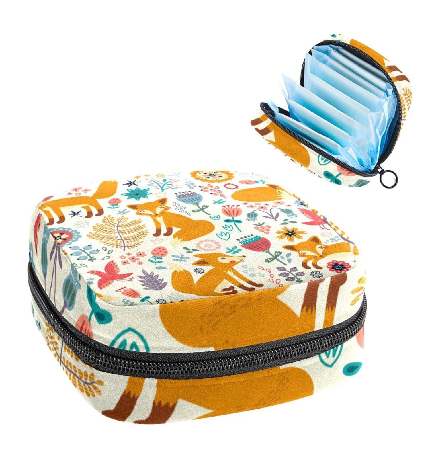 Shop Cute Orange Fox & Flower Women's Storage Pockets | Portable Period Kit Bag - Ideal for Girls - Buy Online on GoSupps.com
