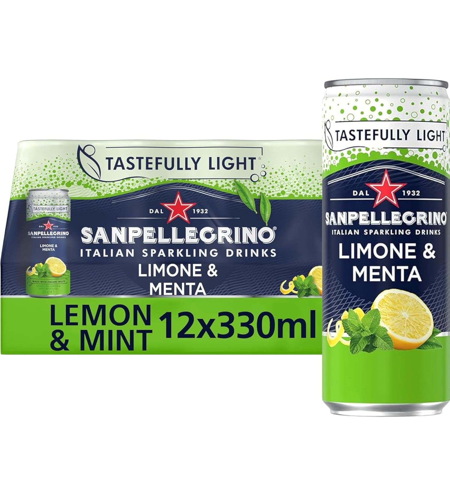 San Pellegrino Italian Sparkling Drinks Tastefully Light Canned Soft Drink 74 k Cals per Can 330ml - Pack of 12 - Lemon & Mint - Buy Online on GoSupps.com