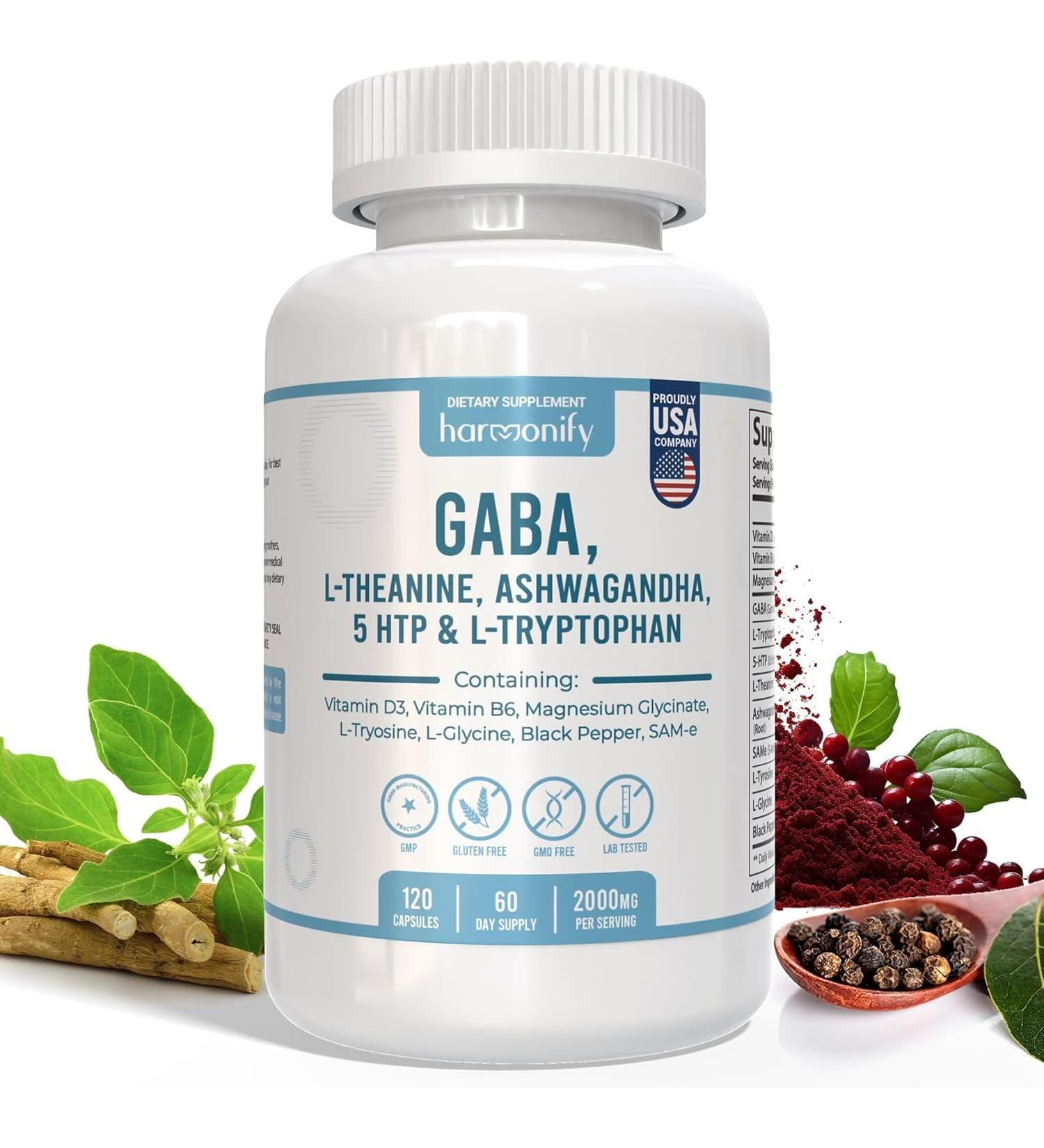HARMONIFY GABA L-Theanine Supplements with Magnesium Glycinate, Ashwagandha, Same, 5-HTP and L-Tryptophan, 12 in 1 Supplements, 120 Capsules, 2000 mg - Buy Online on GoSupps.com